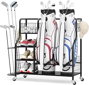 Golf Storage Organizer for Garage, Golf Bag Storage Rack with Lockable Wheels, Heavy Duty Golf Club Organizer with 3-Tier Shelves & Removable Hooks for Golf Accessories, Golf Bag Stand Holder, Black