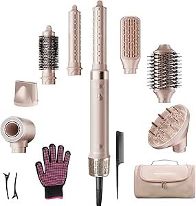 StyleVibe 8-in-1 Air Styler, Hair Dryer & Blow Dryer Brush with Travel Case - Auto Wrap Curls (L/R), Fast Drying, Thermal Round Brush for Smooth Blowouts & Frizz-Free Volume, No Heat Damage
