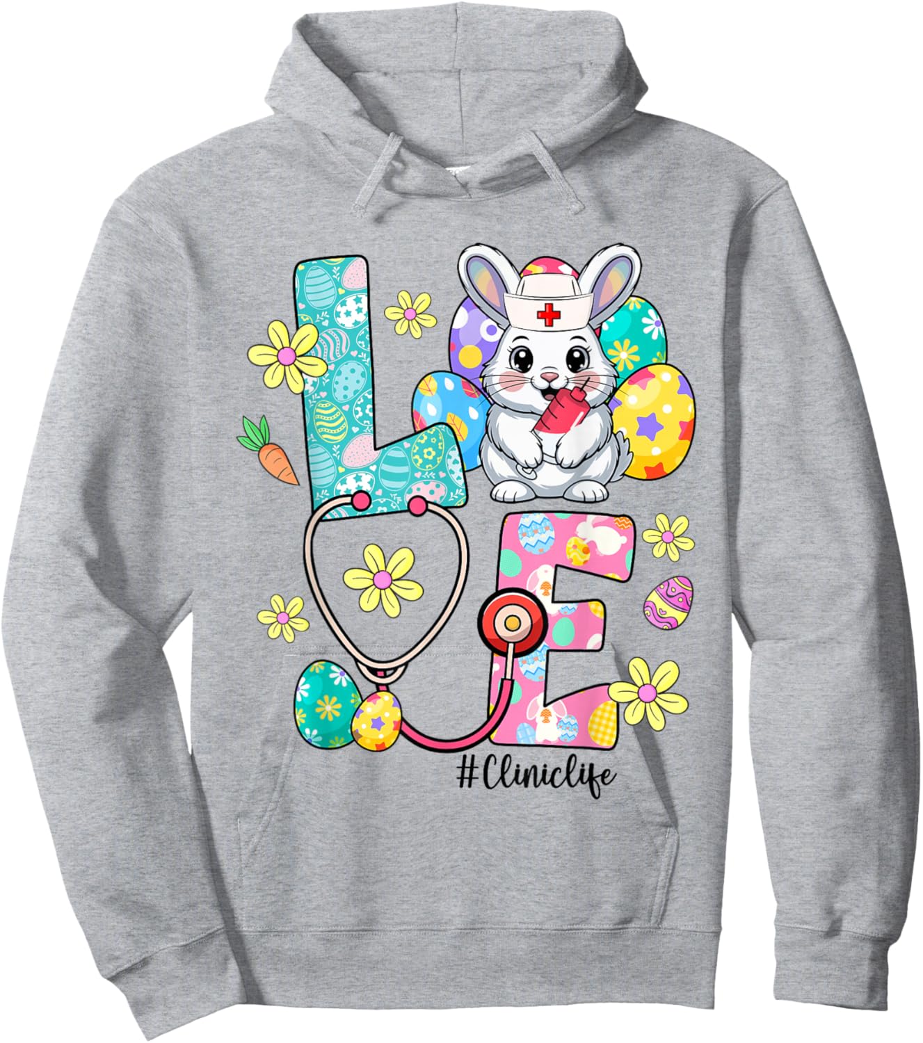 Love Clinic Life Bunny Stethoscope Easter Hoodie - Hoodie | Ash