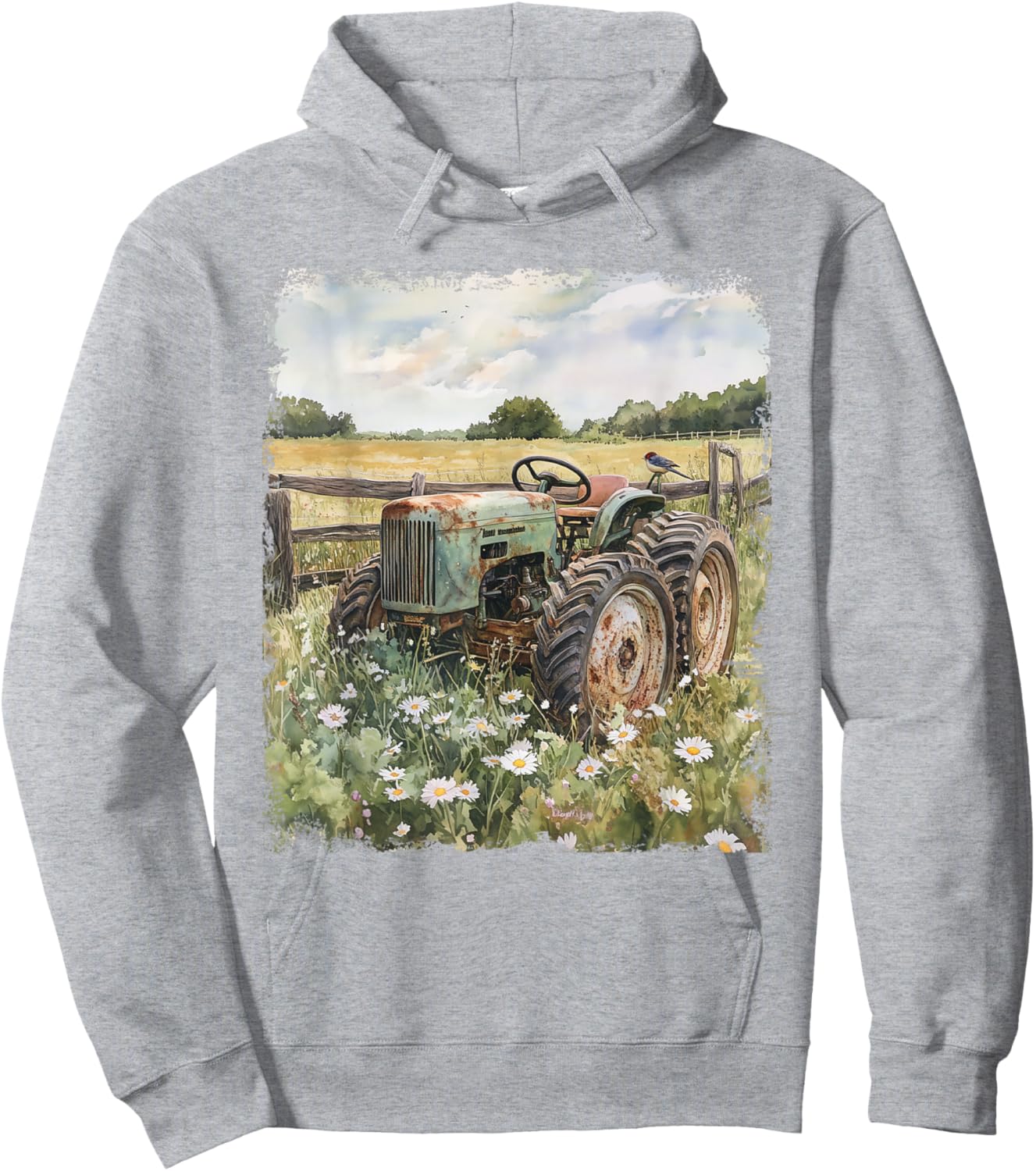 Rustic Tractor Farm Scene T Shirt Hoodie - Hoodie | Ash