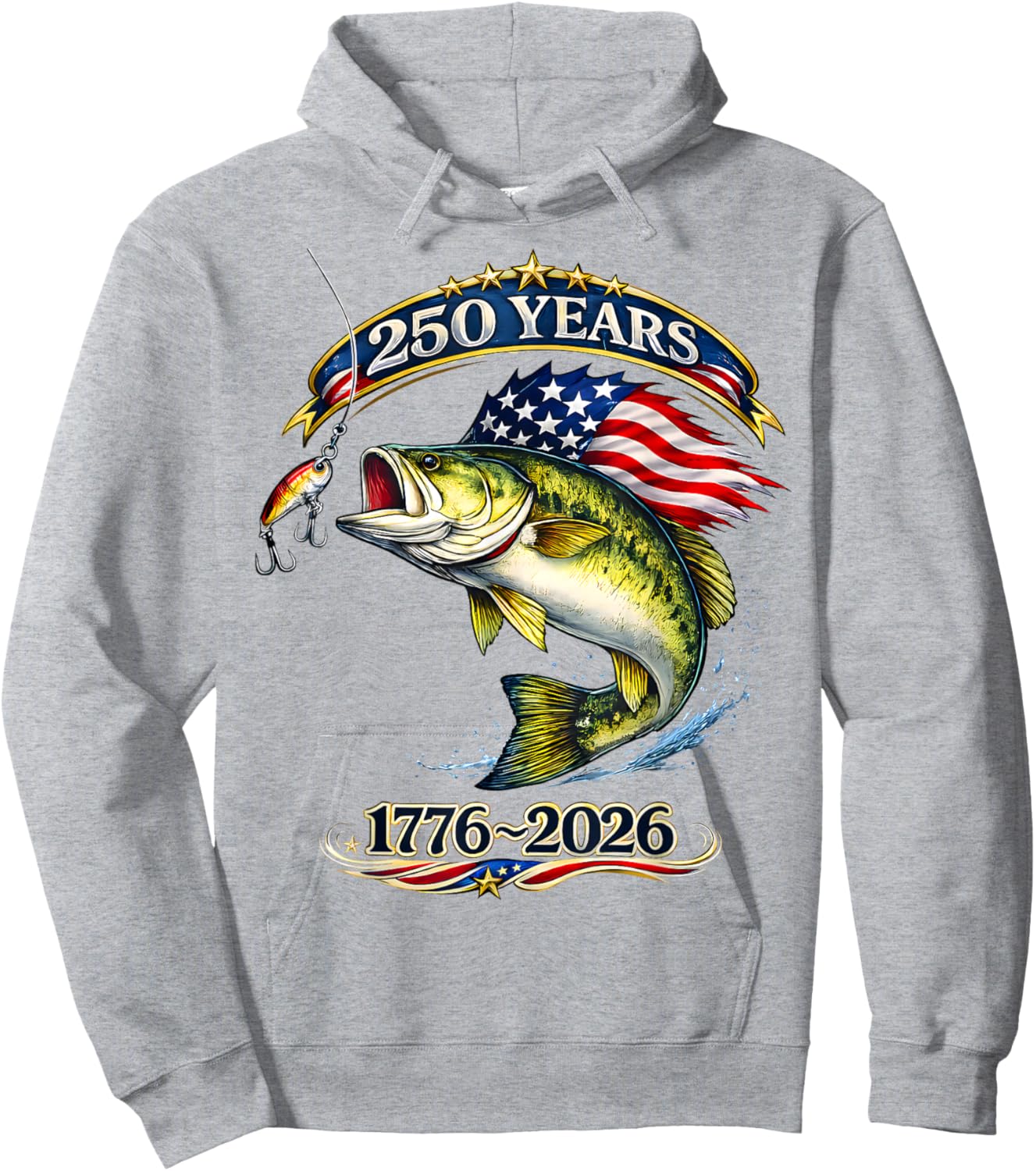 Patriotic Bass Fish and Flag 250 Years Fishing Hoodie - Hoodie | Ash