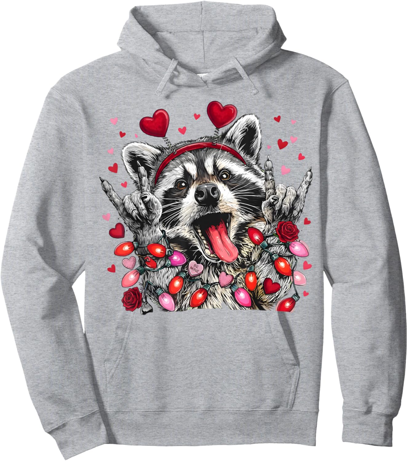 Rock On Hand Sign Racoon Meme Funny Valentines Hoodie - Hoodie | Ash