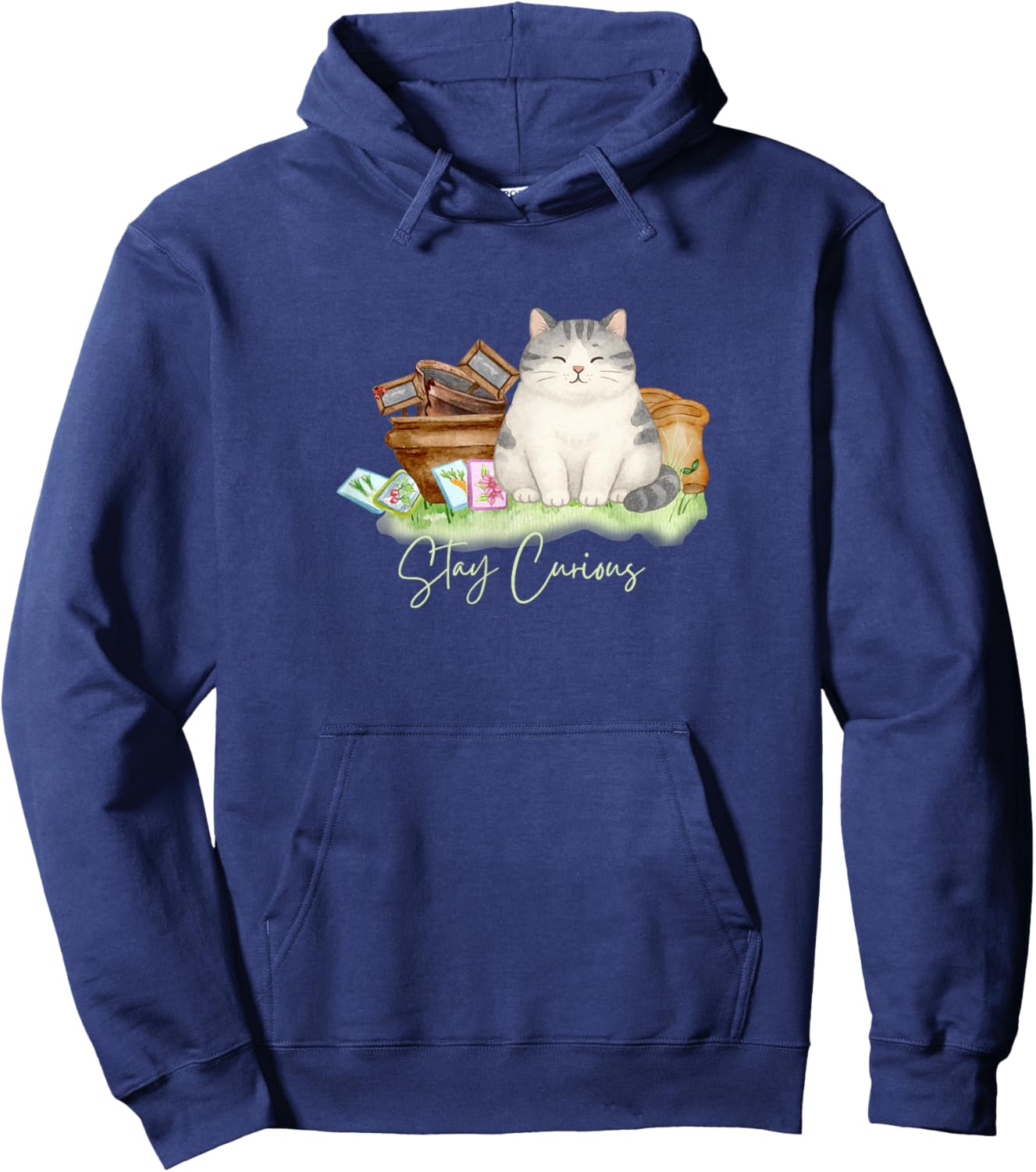 Stay Curious Cat – Whimsical Garden Art Hoodie - Hoodie | Navy