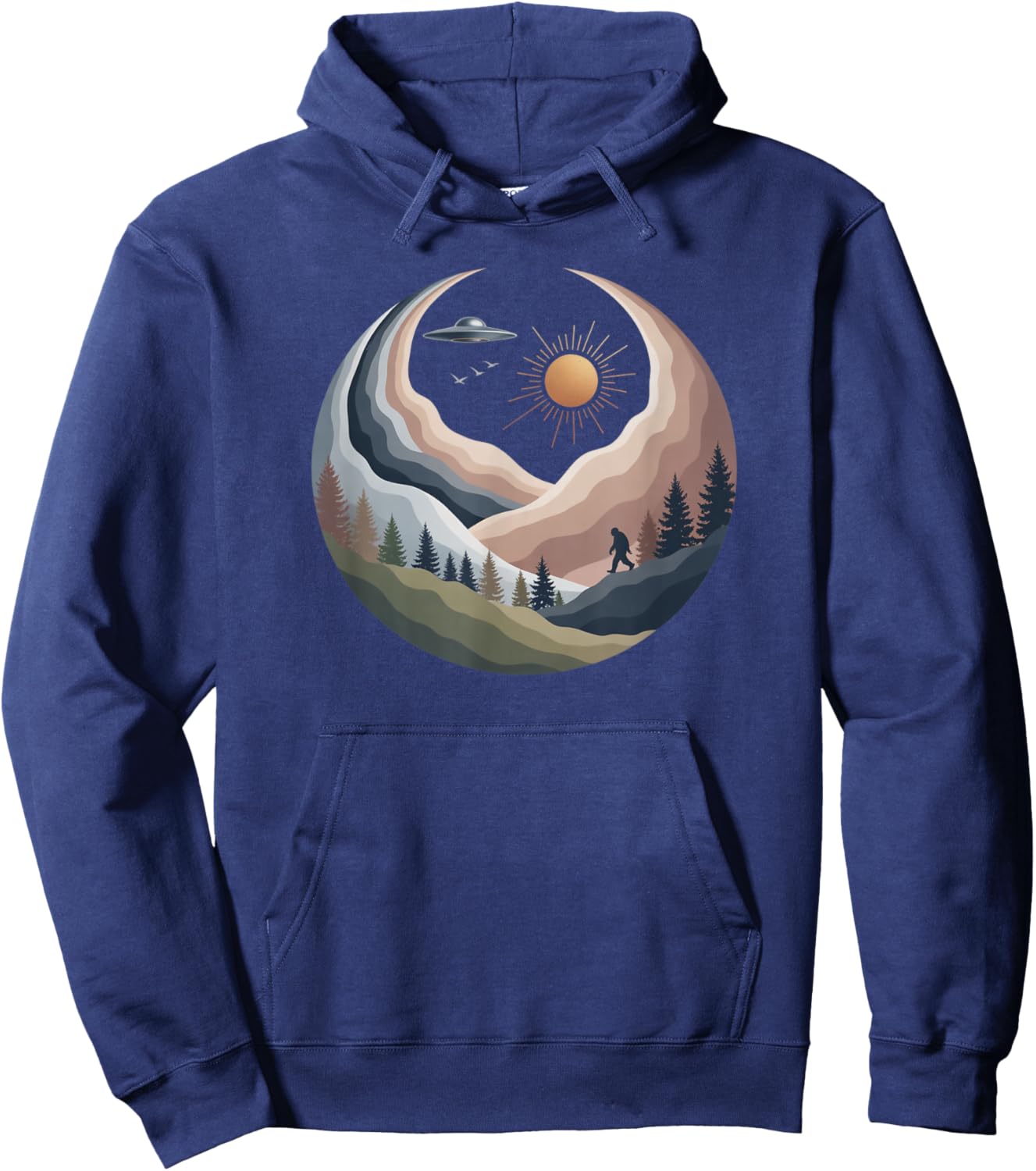 Bigfoot UFO Mountain Art Retro Nature Graphic Hoodie - Hoodie | Navy