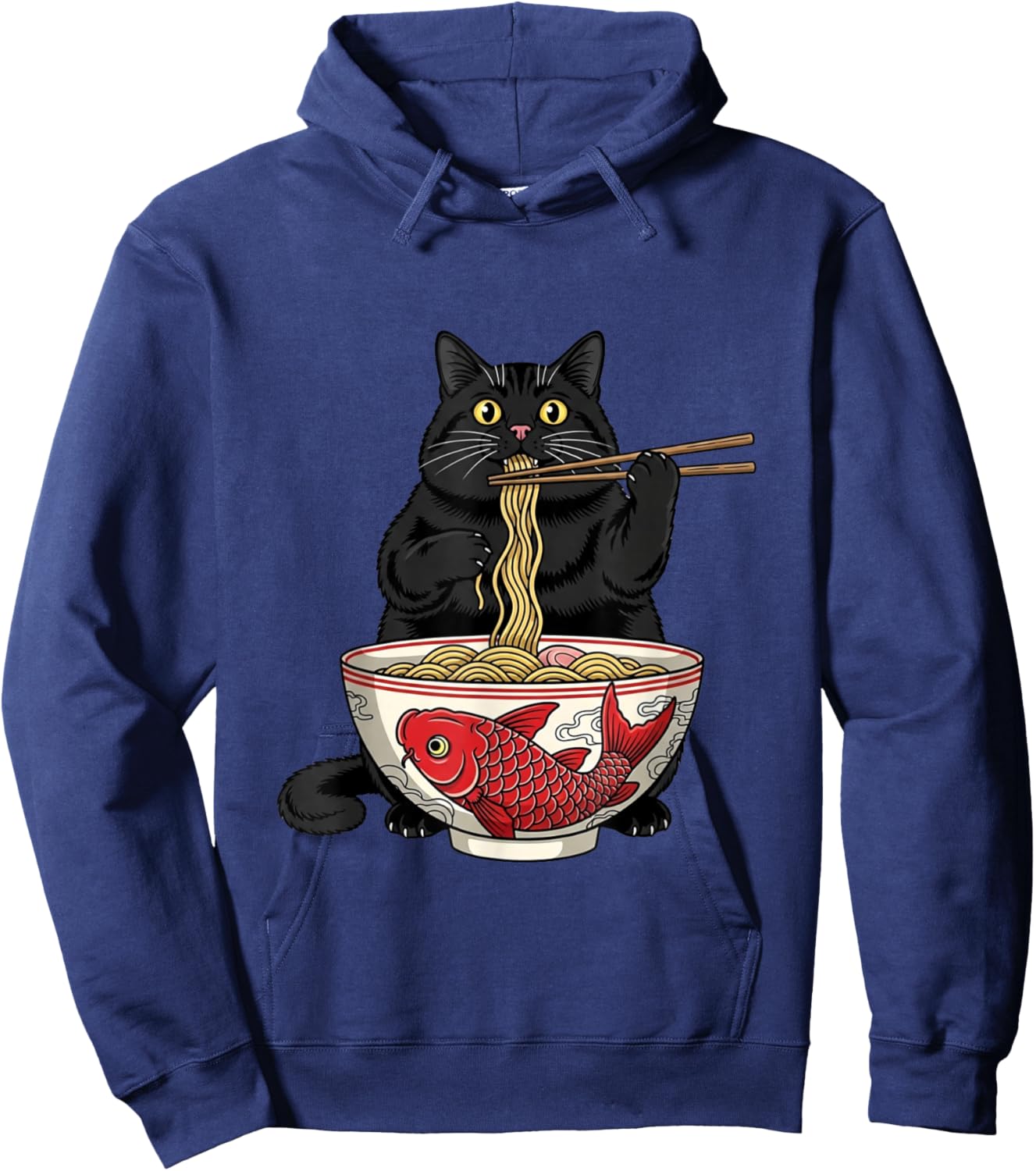 Funny Black Fat Cat Eating Ramen Noodles Anime Hoodie - Hoodie | Navy