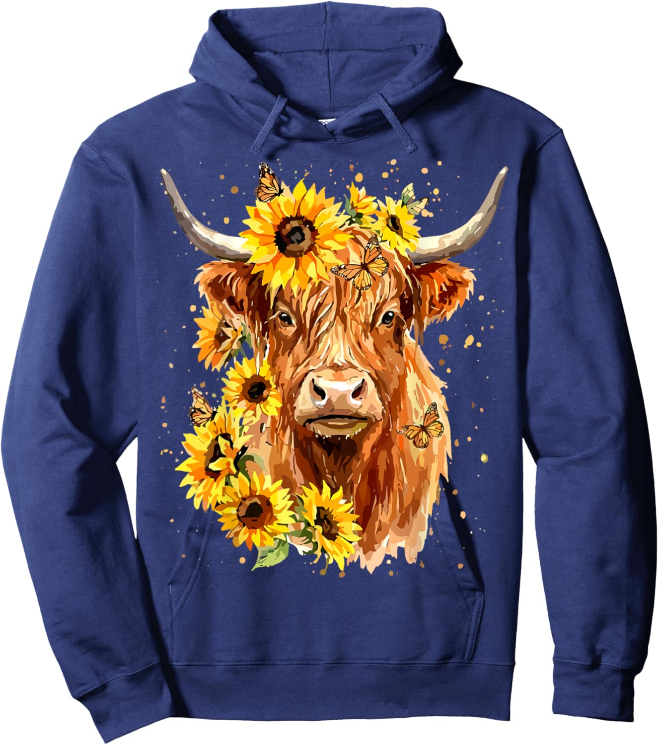Highland Cow Sunflower Floral Farm Animal Hoodie - Hoodie | Navy