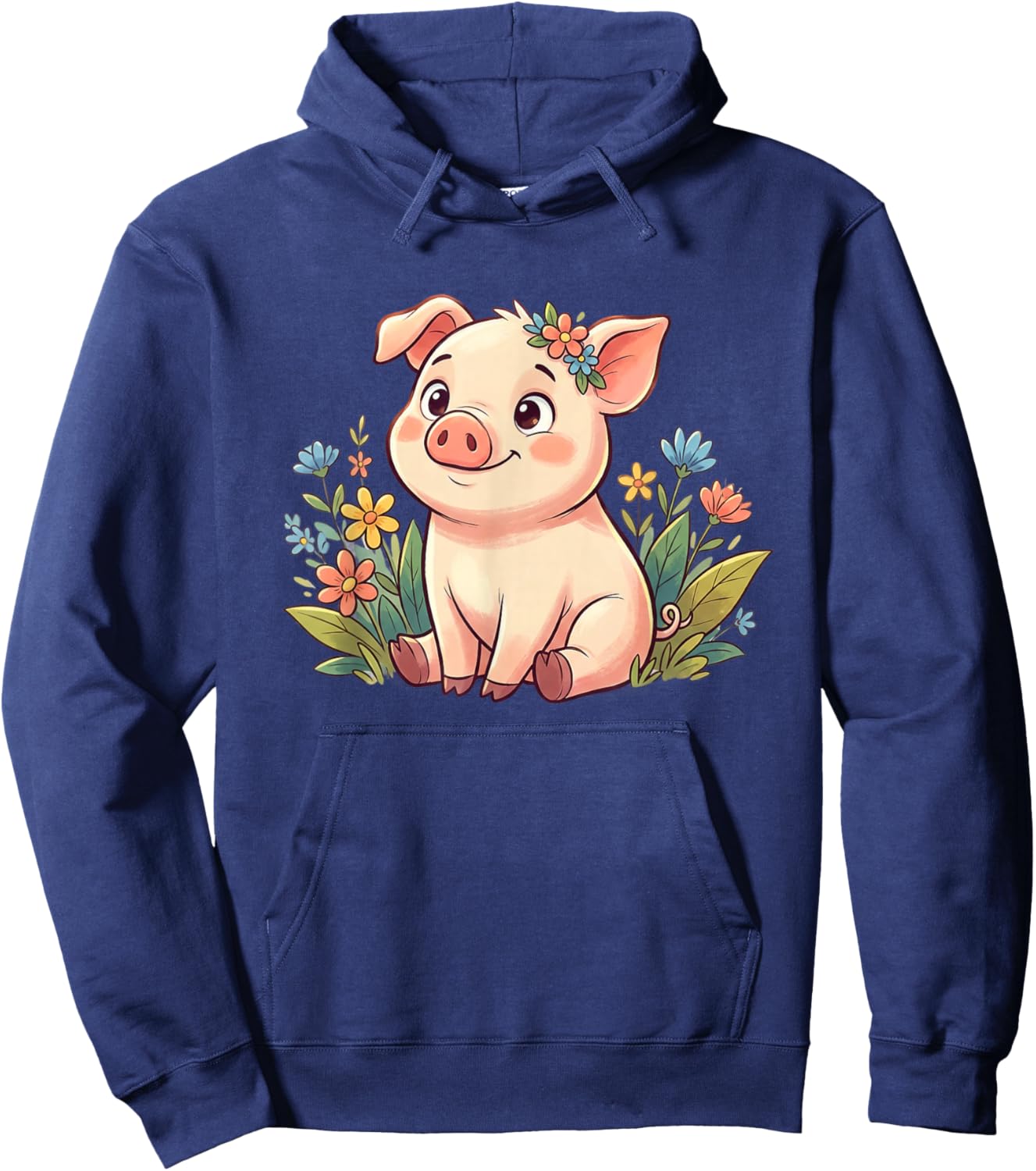 Kawaii Baby Pig Surrounded by Colorful Flowers Hoodie - Hoodie | Navy