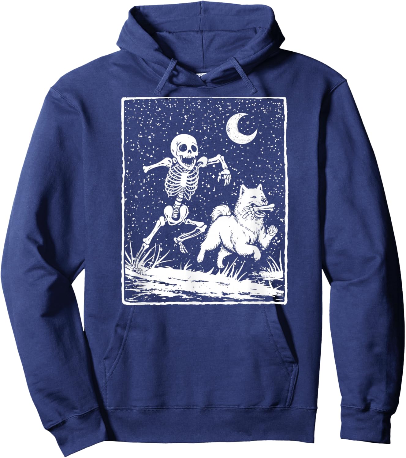 Skeleton Chasing Samoyed Dog – Spooky Halloween Hoodie - Hoodie | Navy