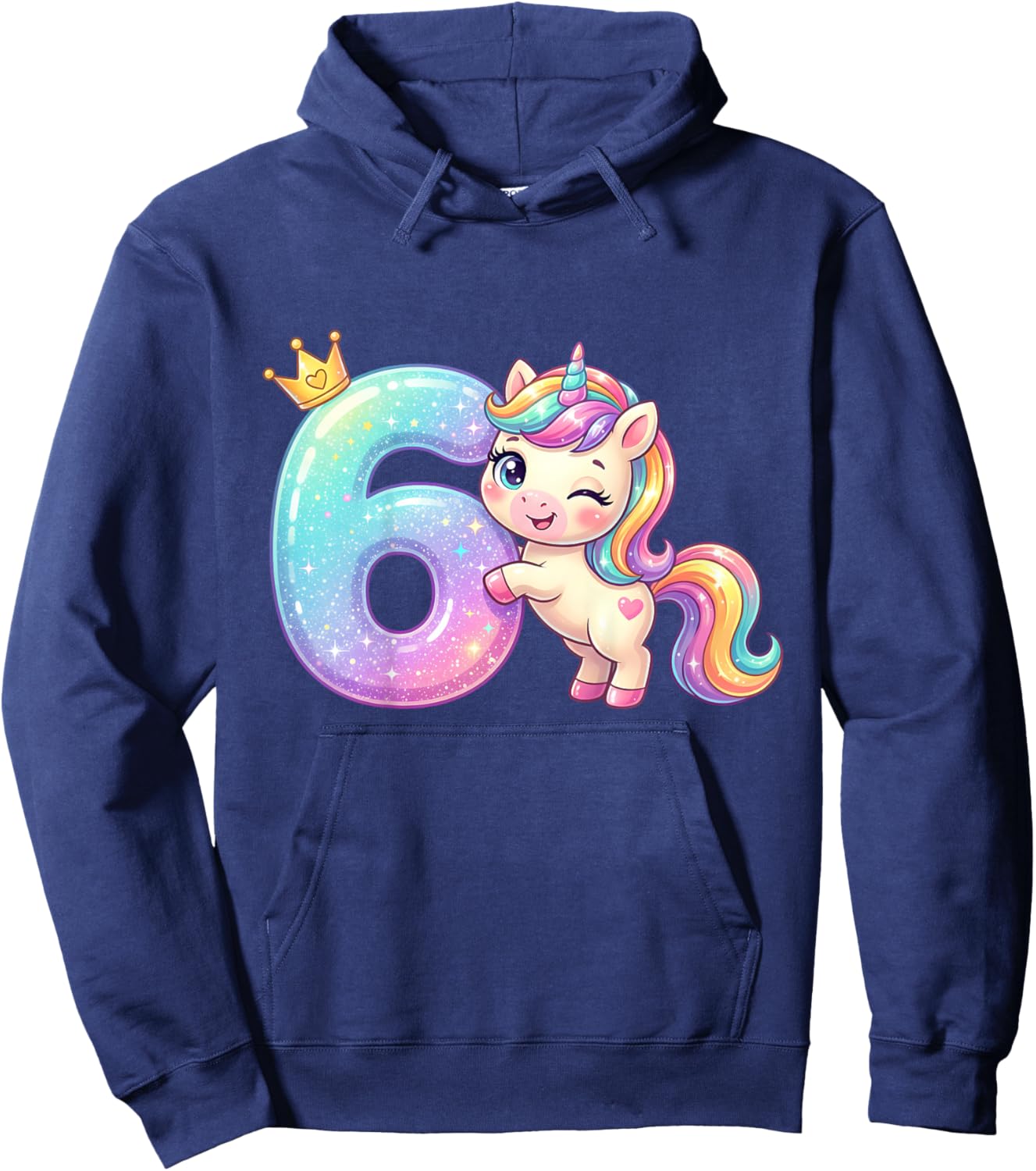 6th Birthday Girl Kawaii Rainbow Unicorn Crown Hoodie - Hoodie | Navy