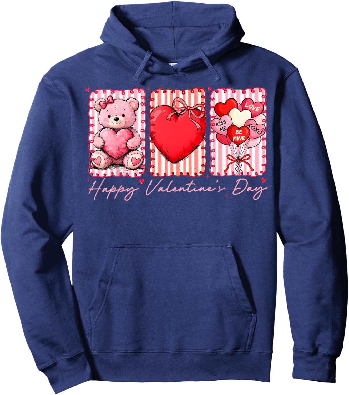 Preppy Happy Valentine Bear Heart Balloon XOXO Hoodie - Hoodie | Navy