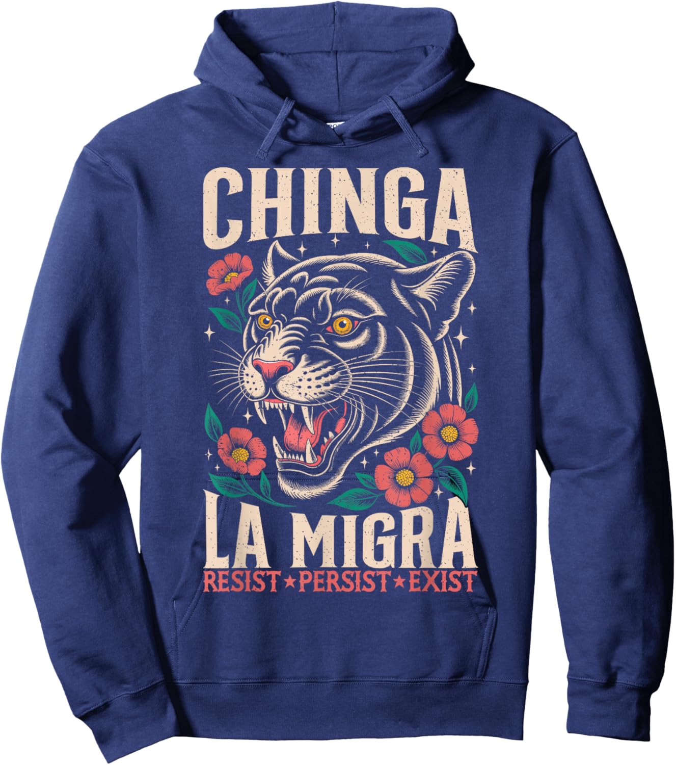 Chinga La Migra Funny Floral Cat Graphic Meme Hoodie - Hoodie | Navy