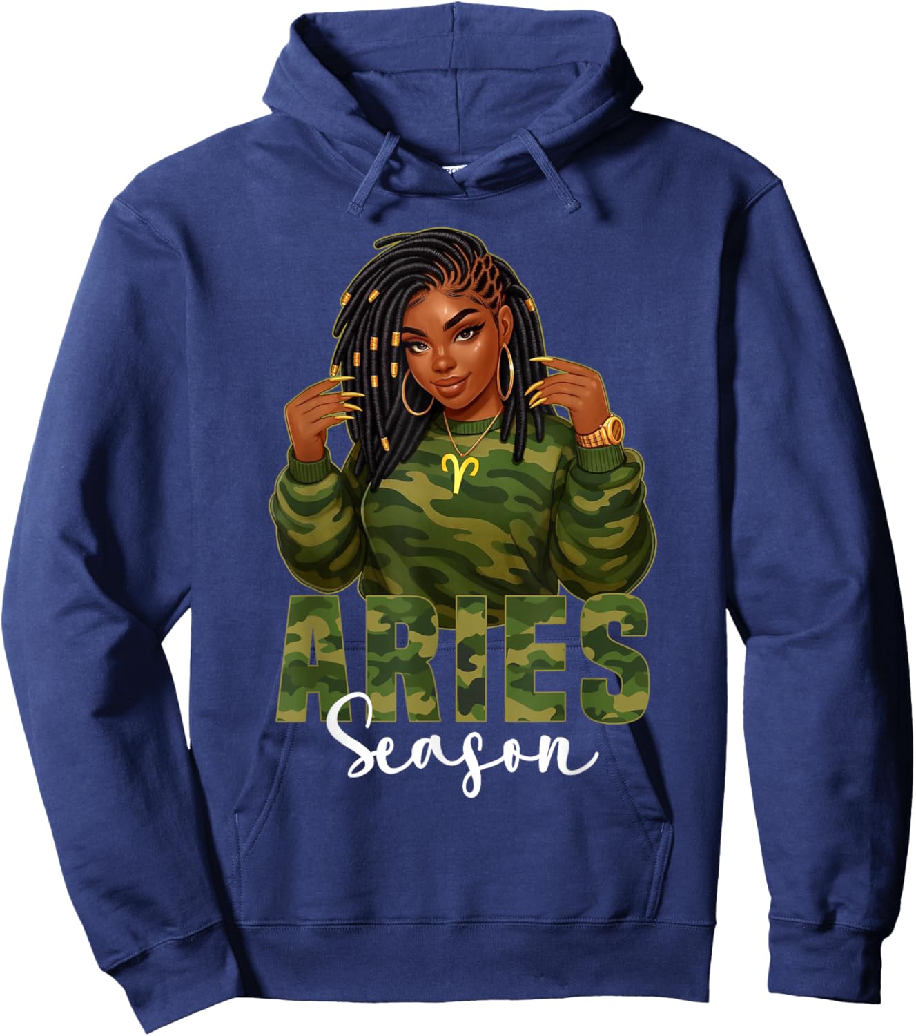 Aries Season Loc'd Black Woman Camo Zodiac Sign Hoodie - Hoodie | Navy