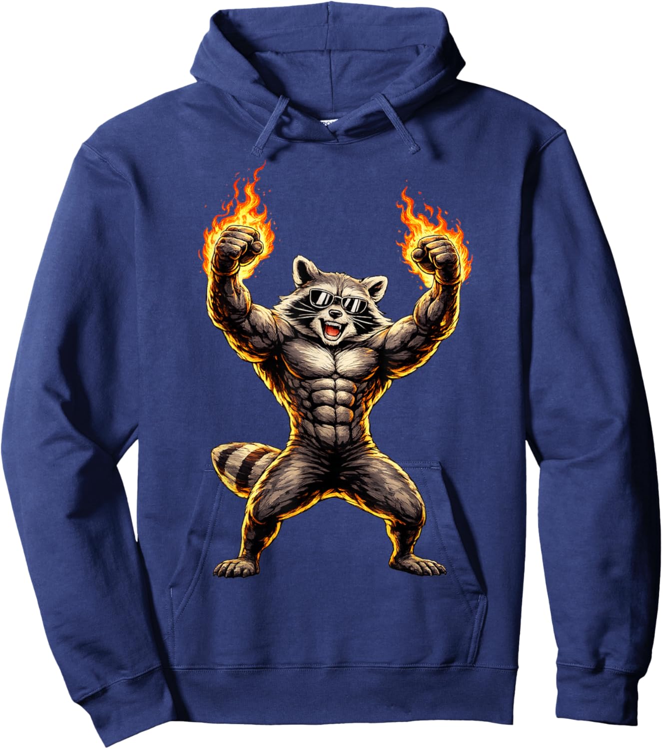 Flaming Muscle Raccoon Hoodie - Hoodie | Navy