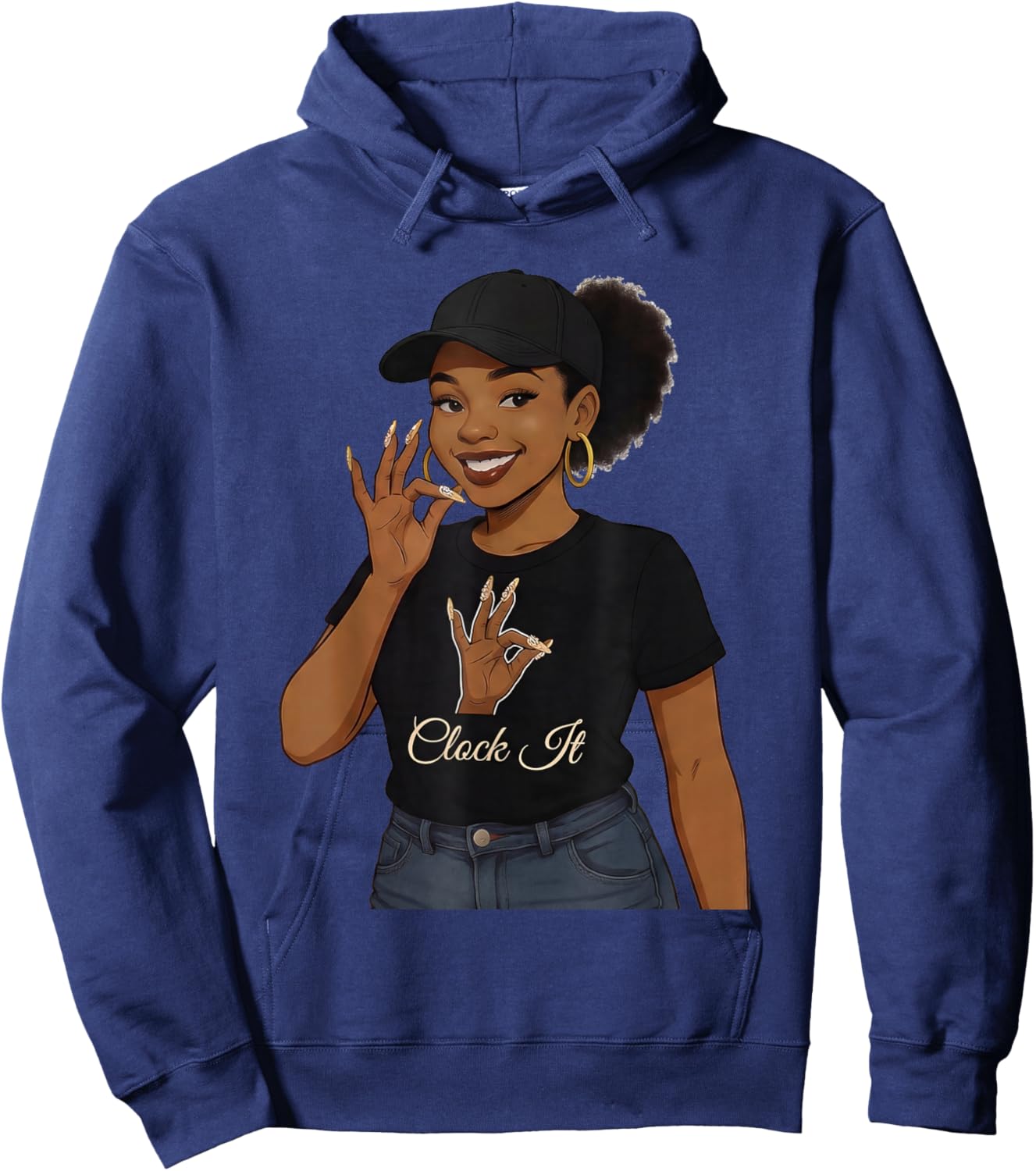 Clock It! Black Woman Graphic Hoodie - Hoodie | Navy
