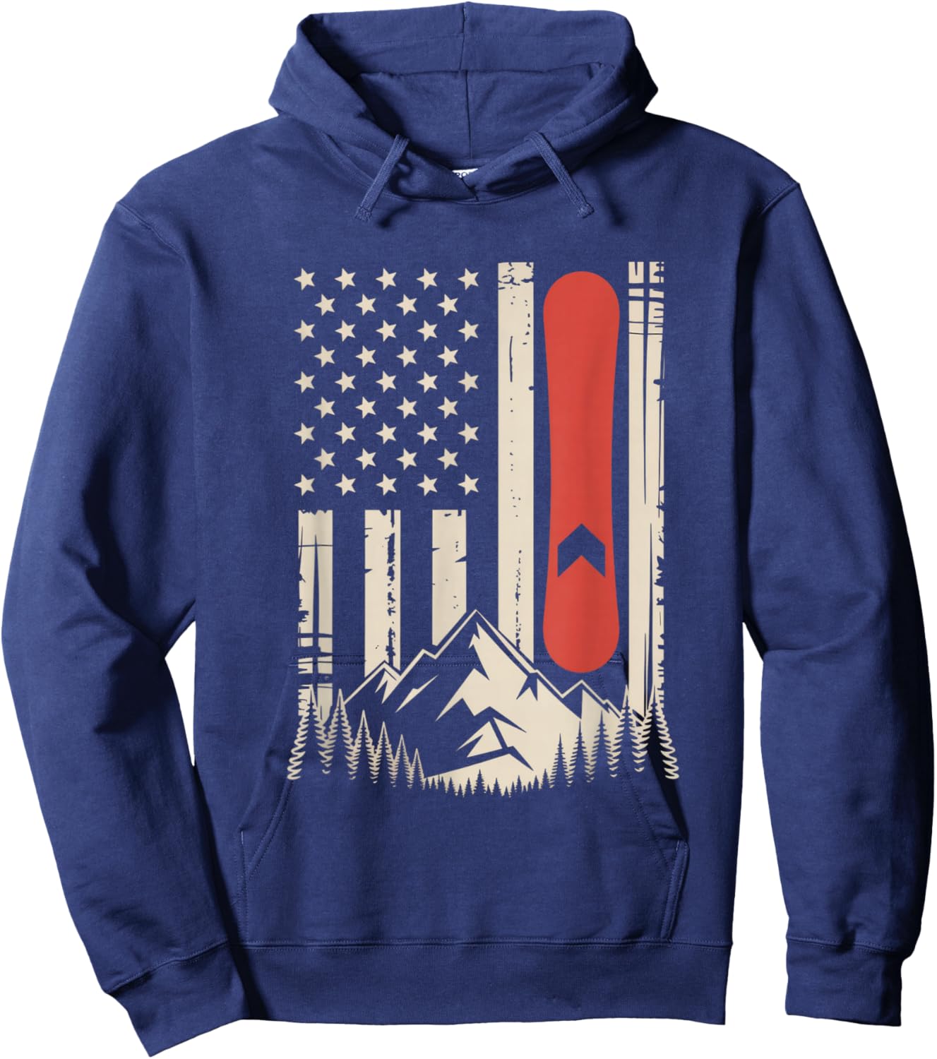 Vintage Snowboard Mountain American Flag Design Hoodie - Hoodie | Navy