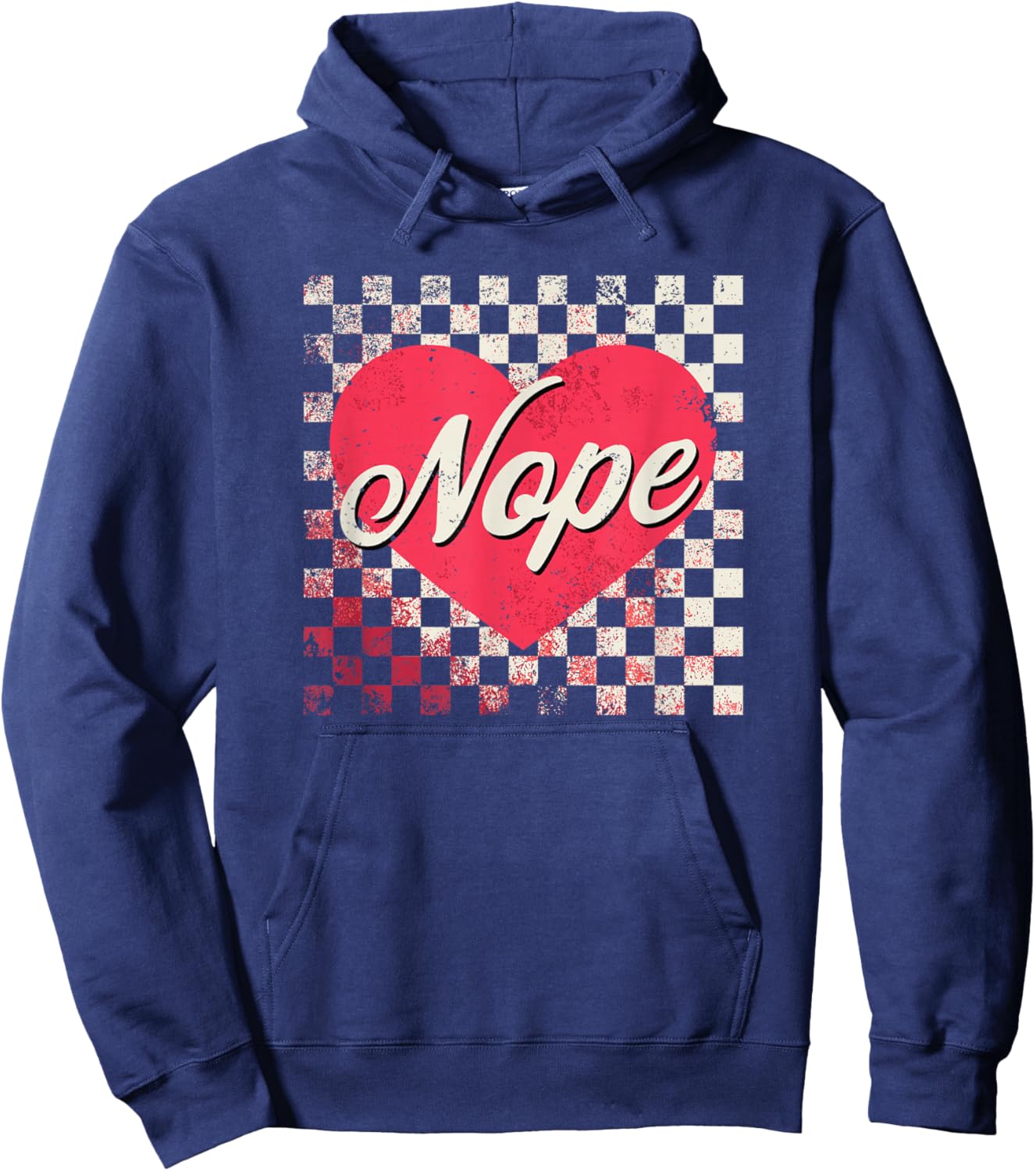 Nope Vintage Valentine's Distressed Checker Hoodie - Hoodie | Navy