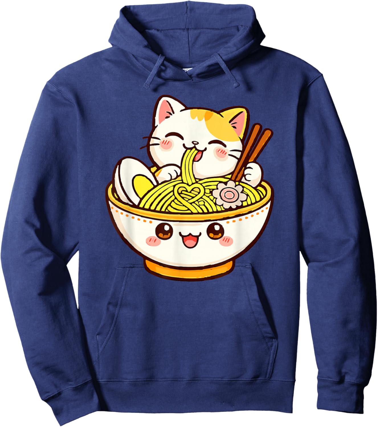 Kawaii Cat Eating Ramen Japanese Anime Hoodie - Hoodie | Navy