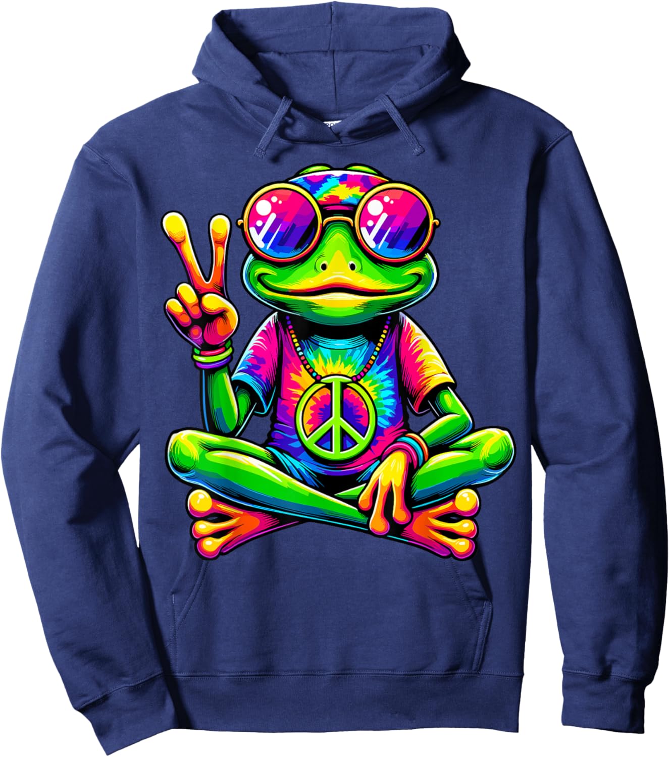 Hippie Tie Dye Frog 70s 60s Peace Sign Hoodie - Hoodie | Navy