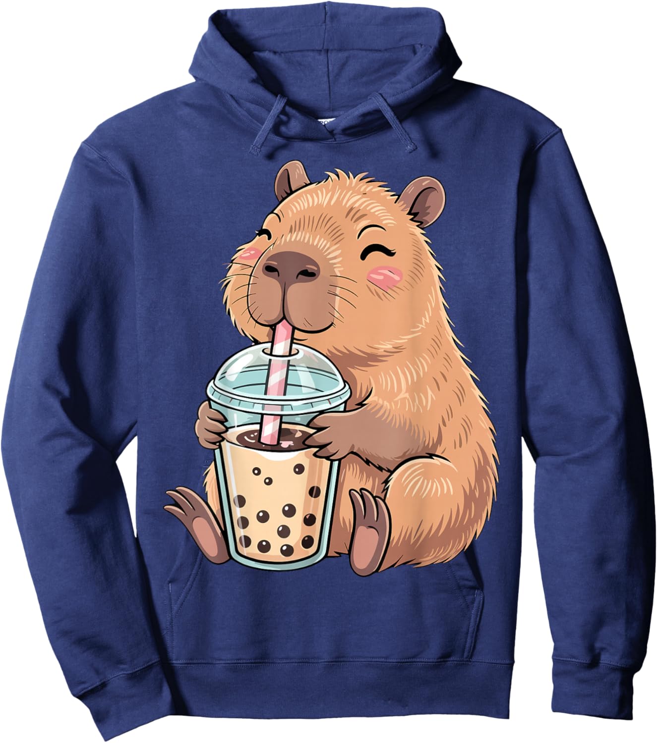 Cute Capybara Kawaii with Boba Bubble Tea Hoodie - Hoodie | Navy