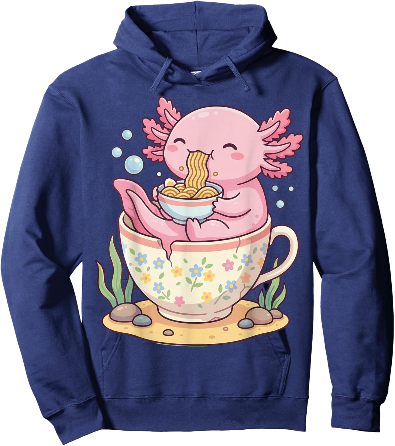 Kawaii Axolotl Teacup Ramen Anime Aesthetic Hoodie - Hoodie | Navy