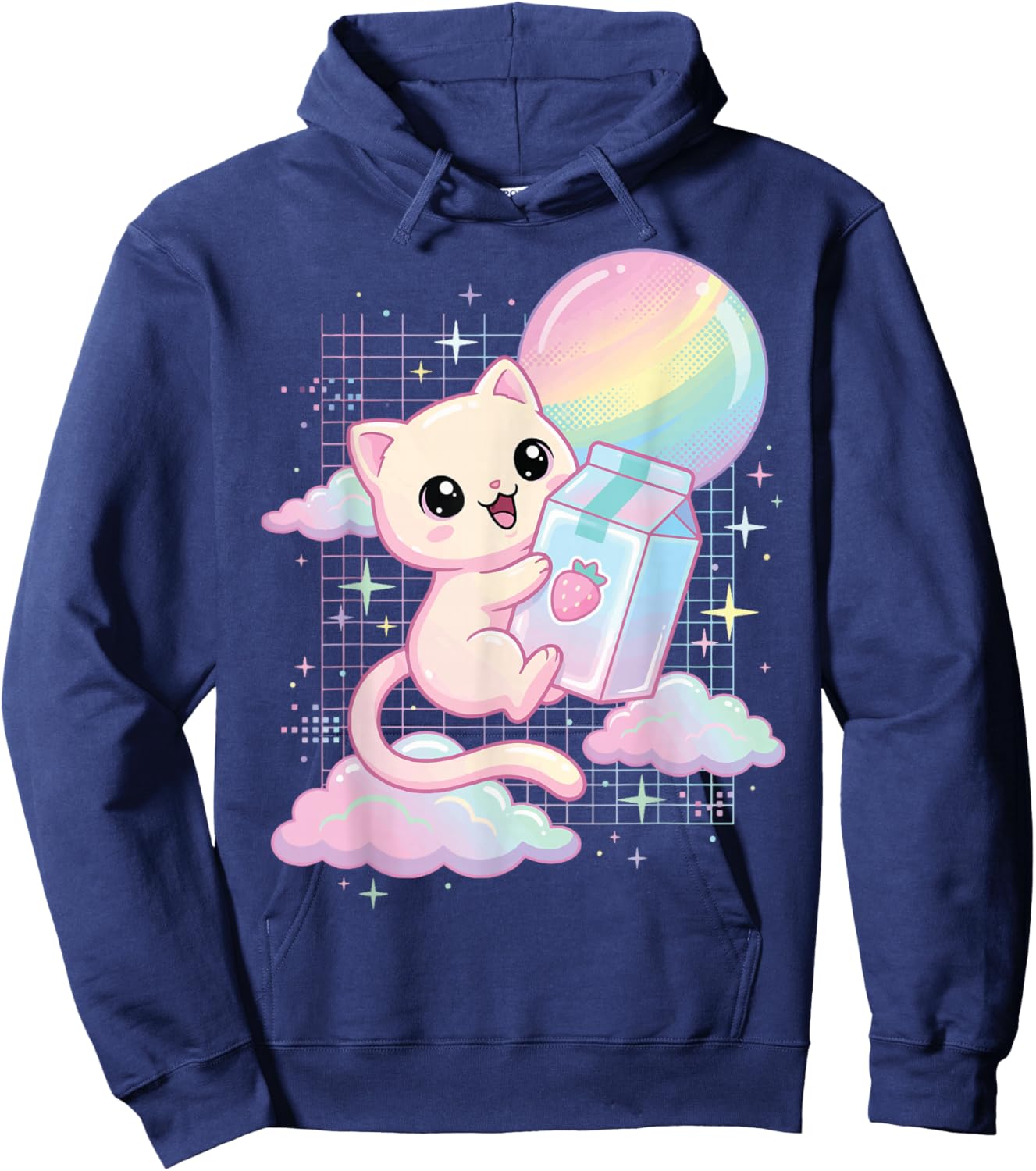 Kawaii Cat Strawberry Milk Aesthetic Hoodie - Hoodie | Navy