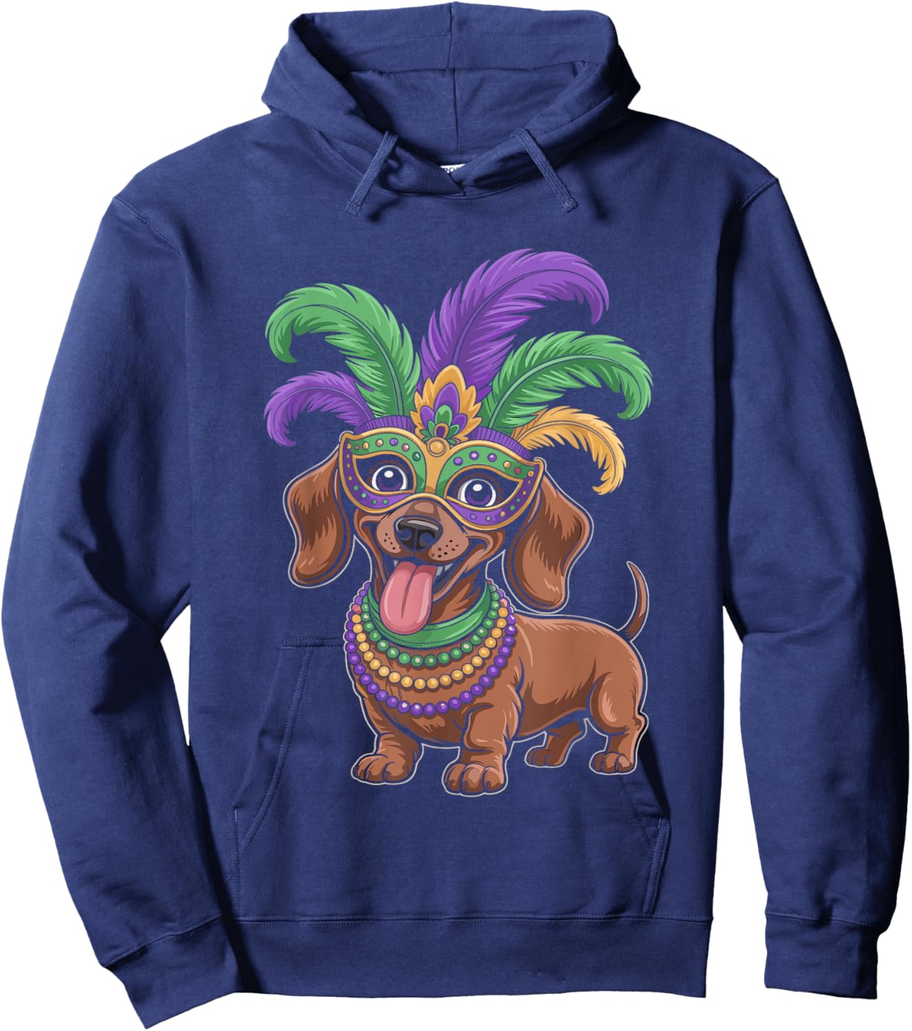 Dachshund Mardi Gras Wearing Costume Beads Mask Hoodie - Hoodie | Navy