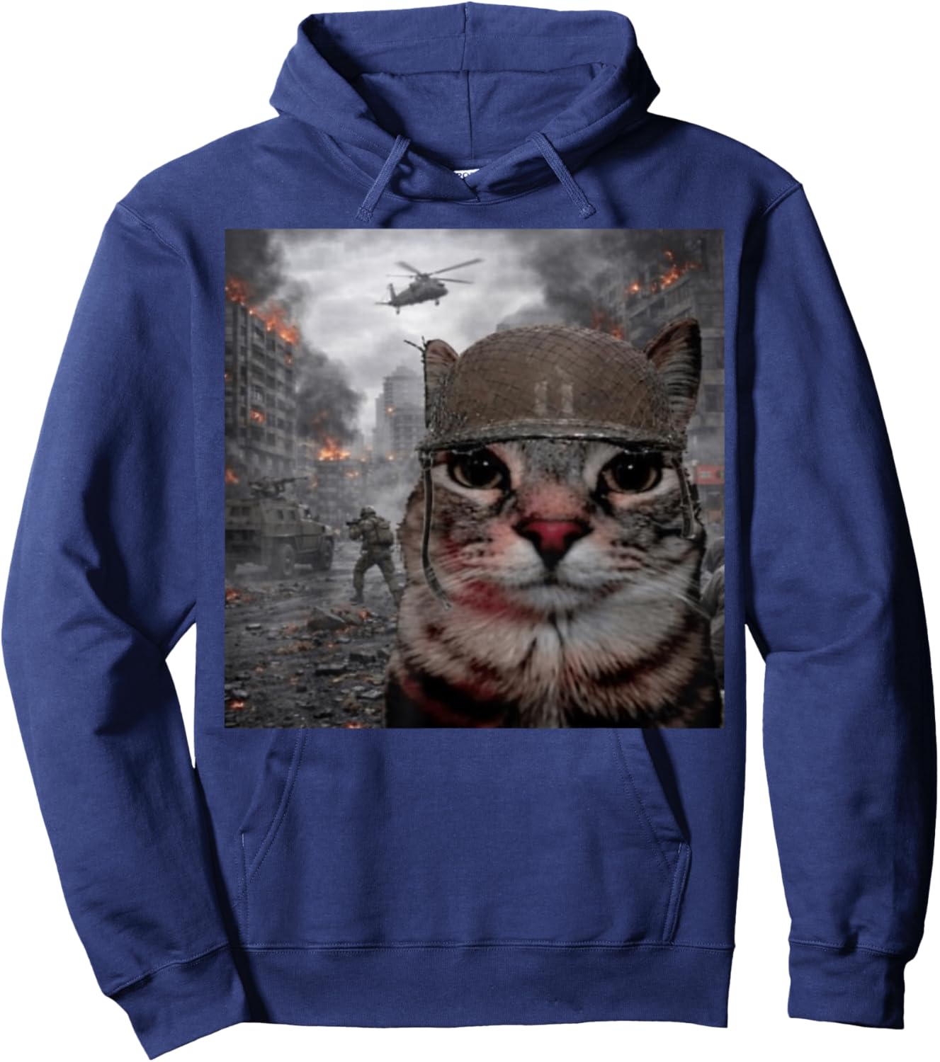 Selfie War Soldier Cat on The Battlefield Hoodie - Hoodie | Navy