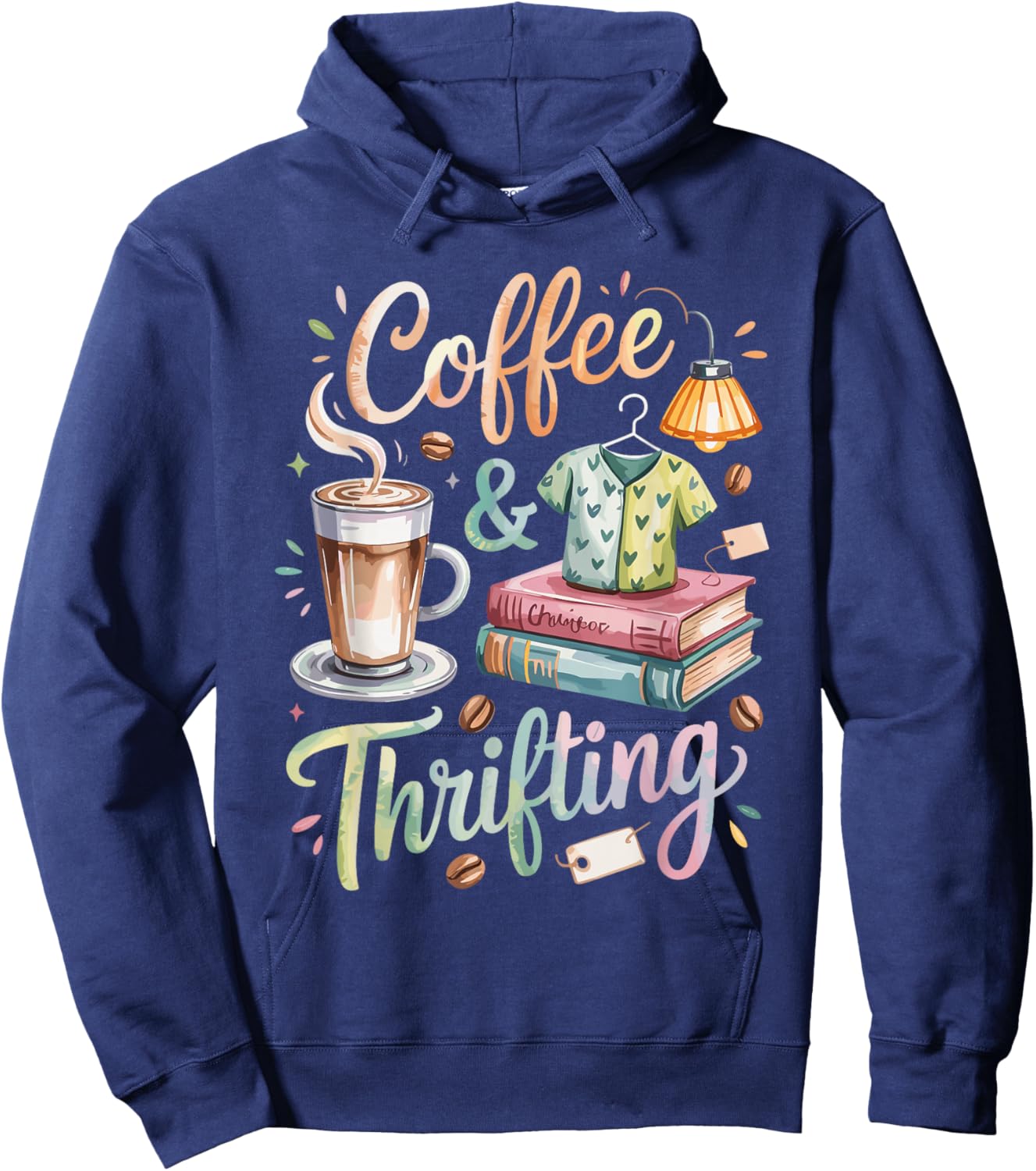 Watercolor Coffee and Thrifting Hoodie - Hoodie | Navy
