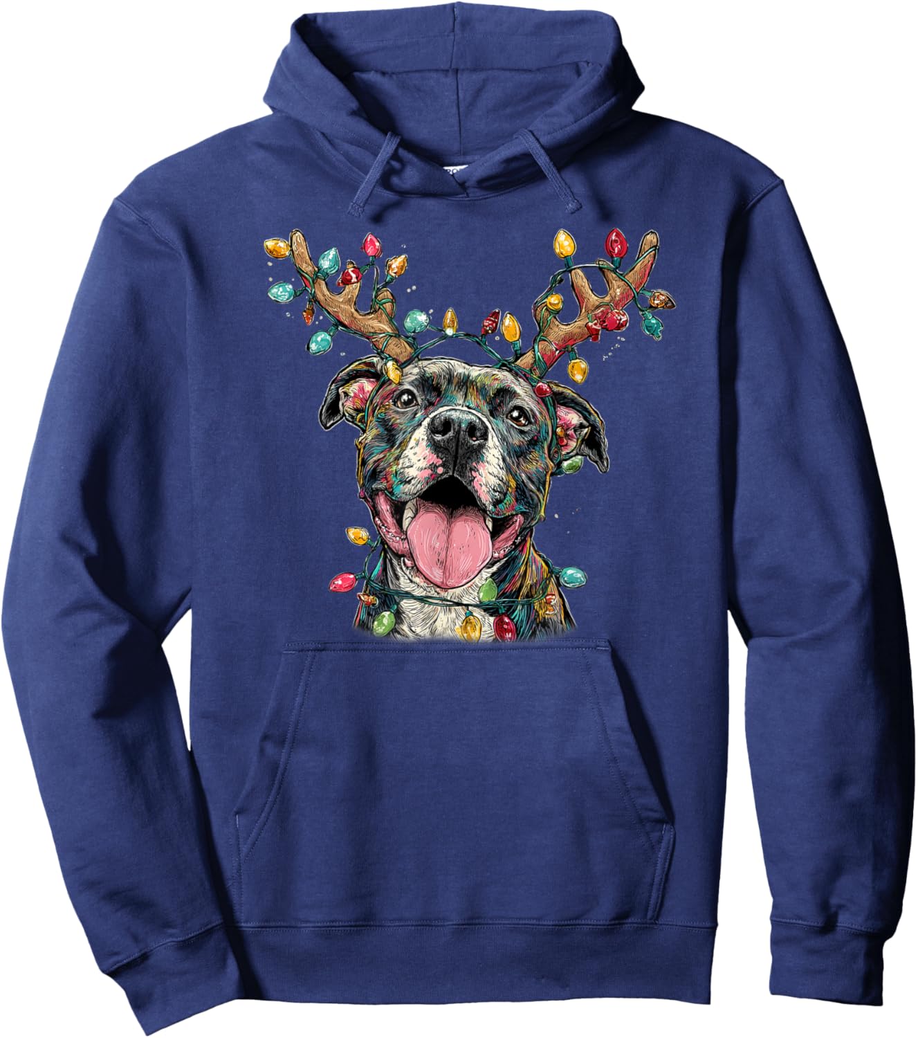 Santa Pitbull Reindeer Light Christmas Hoodie - Hoodie | Navy