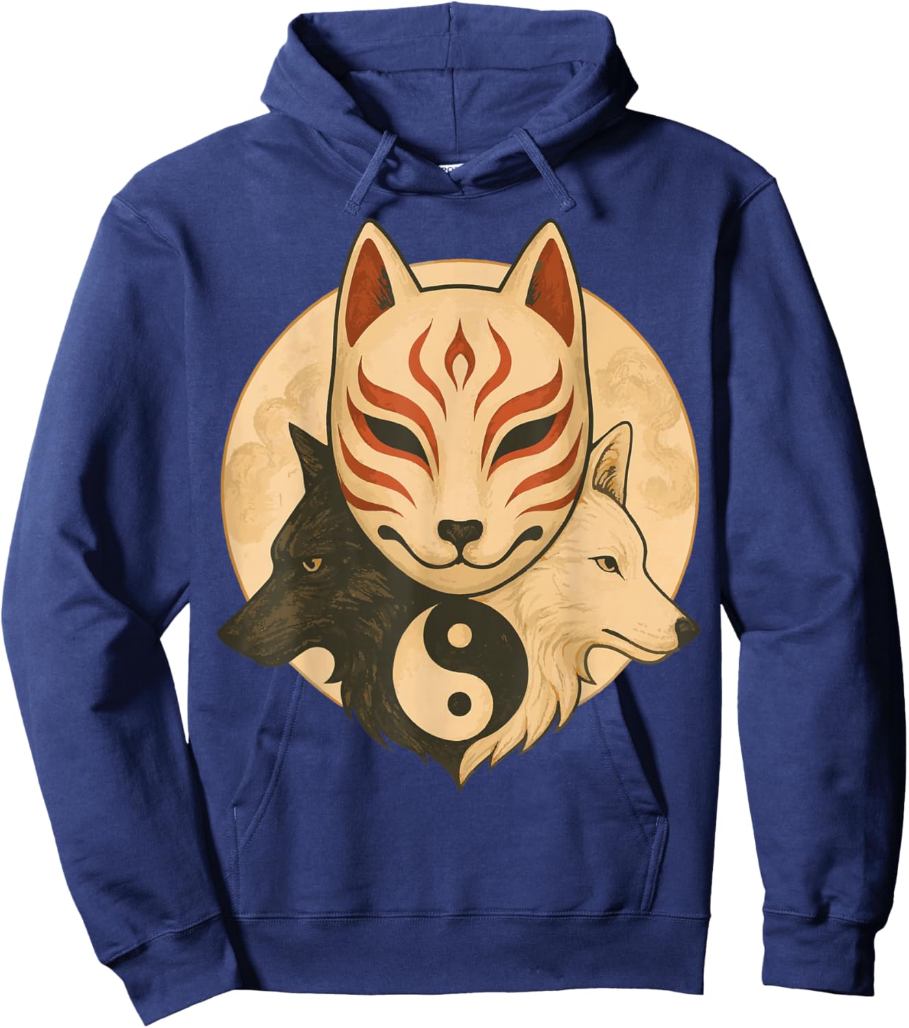 Kitsune Mask Yin Yang Wolves Balance Spirit Art Hoodie - Hoodie | Navy