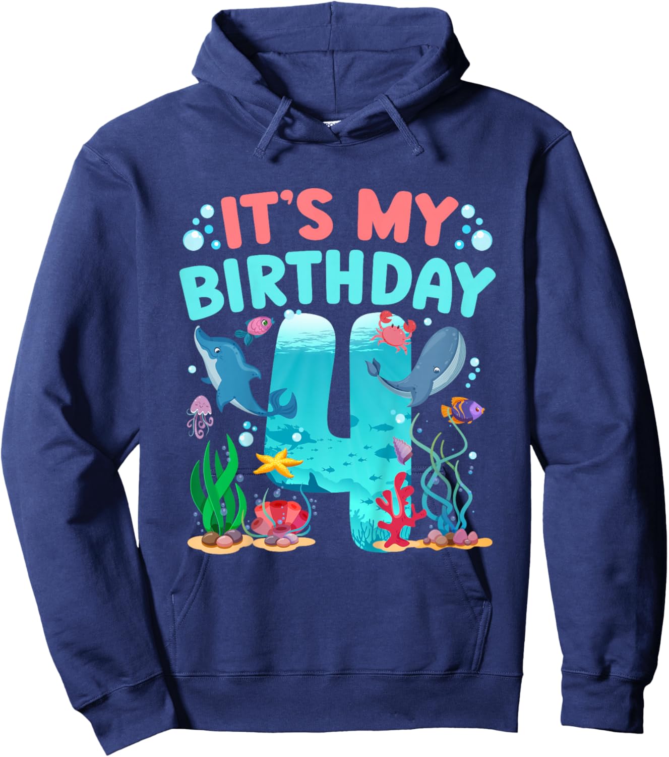 4th Ocean Birthday Party 4 Year Old Sea Animals Hoodie - Hoodie | Navy
