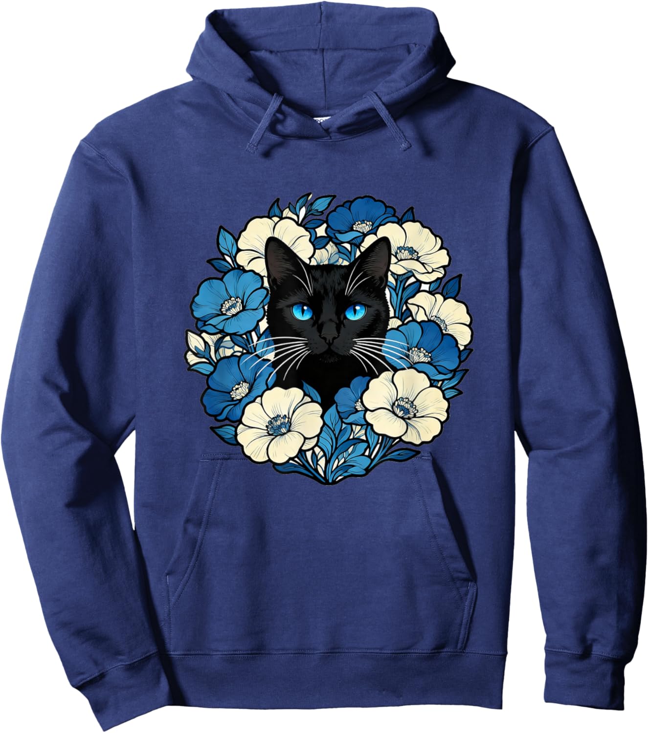 Blue-Eyed Black Cat in Floral Wreath Hoodie - Hoodie | Navy