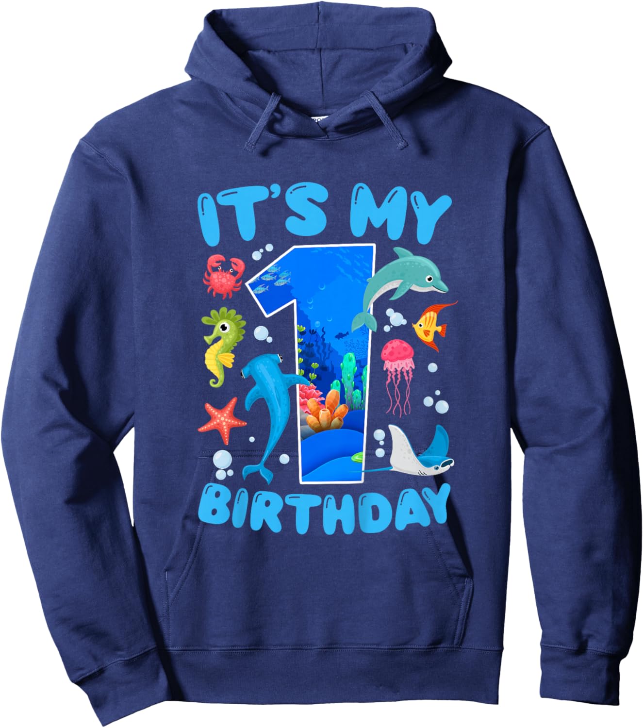 1st Ocean Birthday Party 1 Year Old Sea Animals Hoodie - Hoodie | Navy