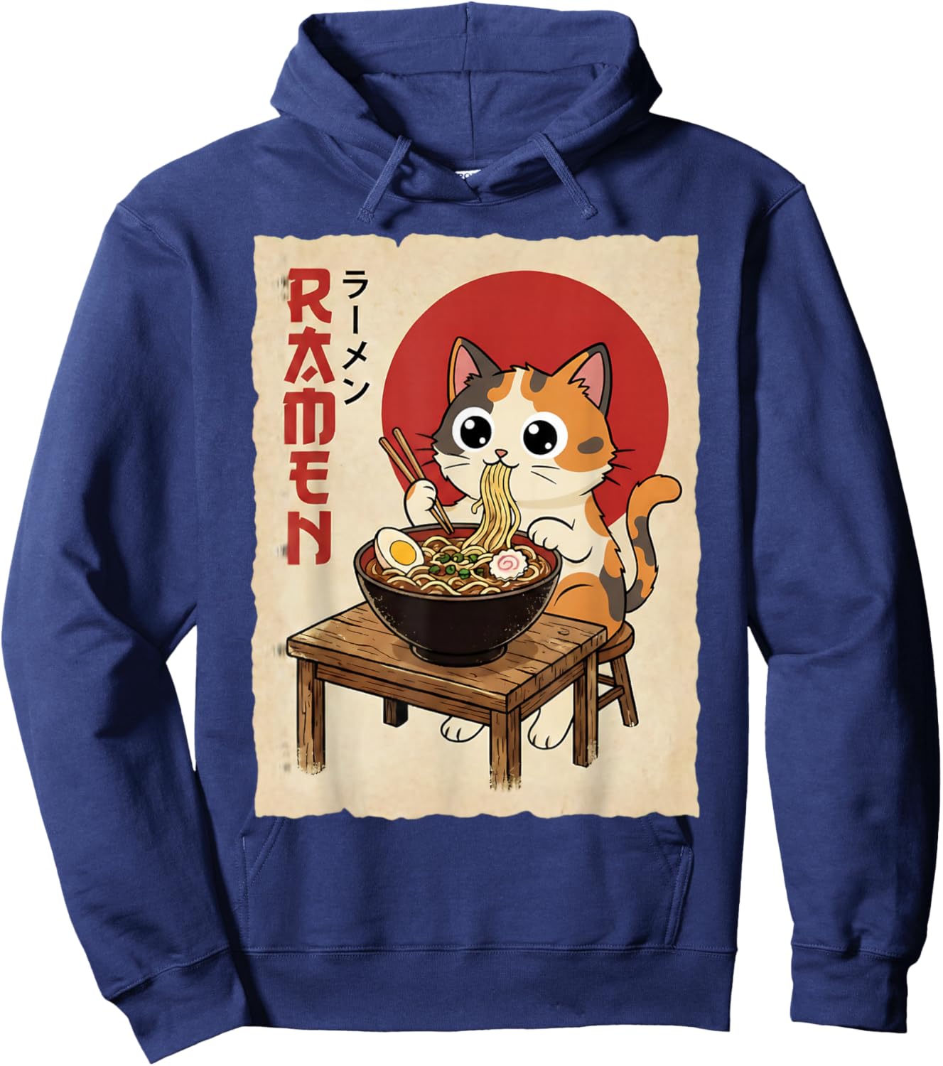 Anime Calico Cat Eating Noodles Funny Kawaii Hoodie - Hoodie | Navy