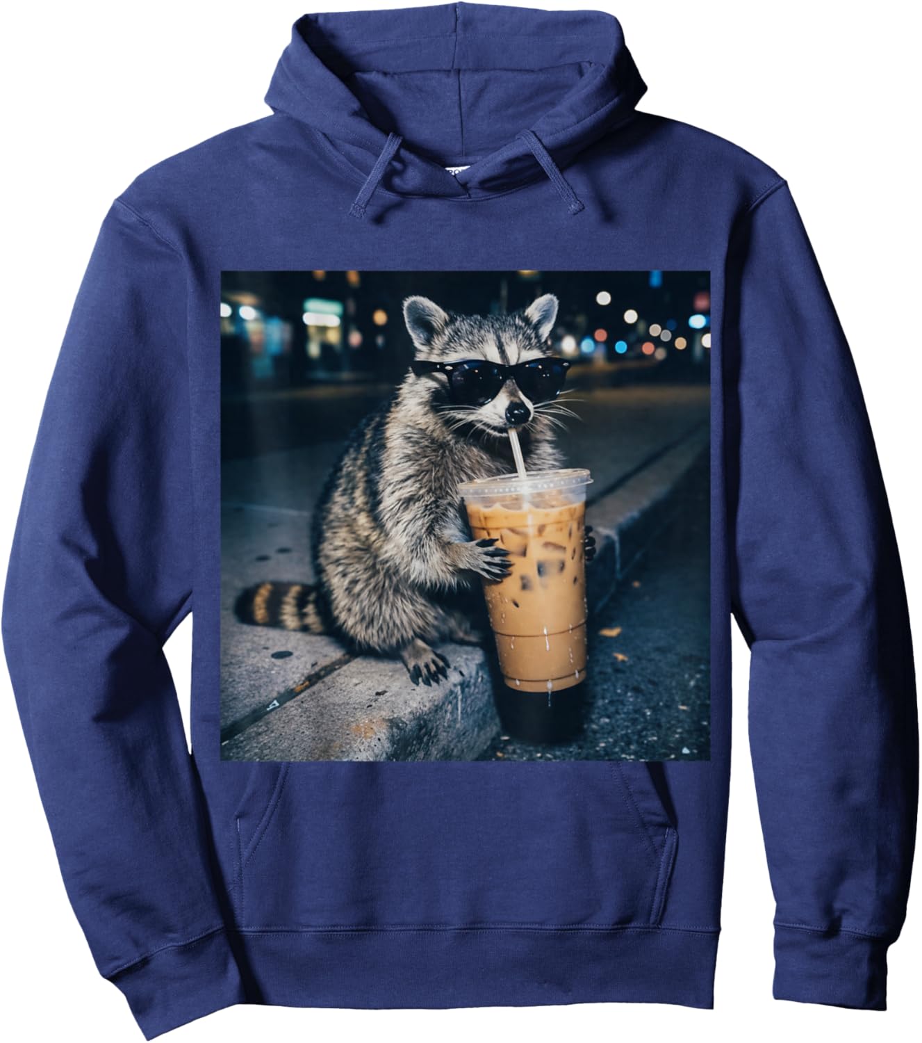 Raccoon Drinking Iced Coffee Funny Animal Meme Hoodie - Hoodie | Navy