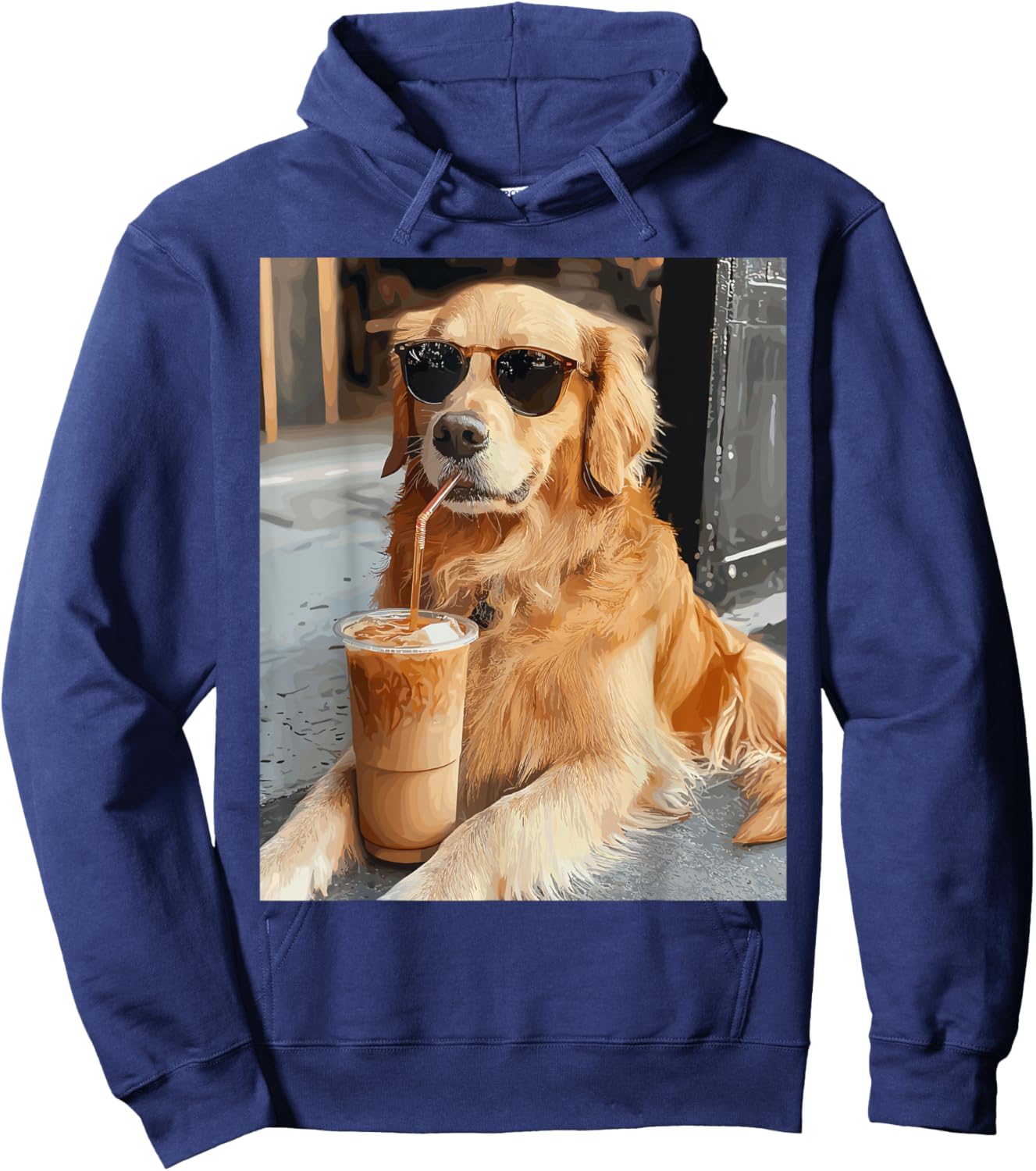 Golden Retriever Drinking Iced Coffee Hoodie - Hoodie | Navy