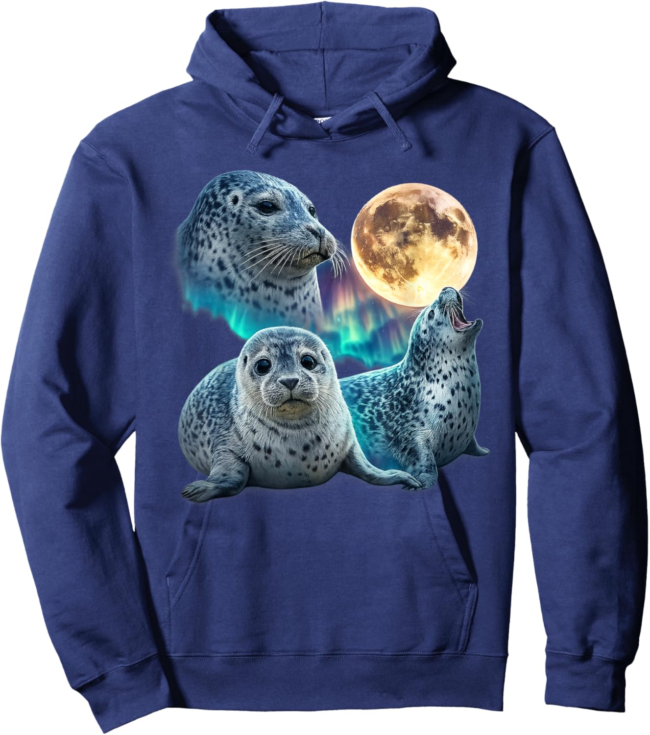 Three Baby Seals Moon Vintage Graphic 90s Funny Hoodie - Hoodie | Navy