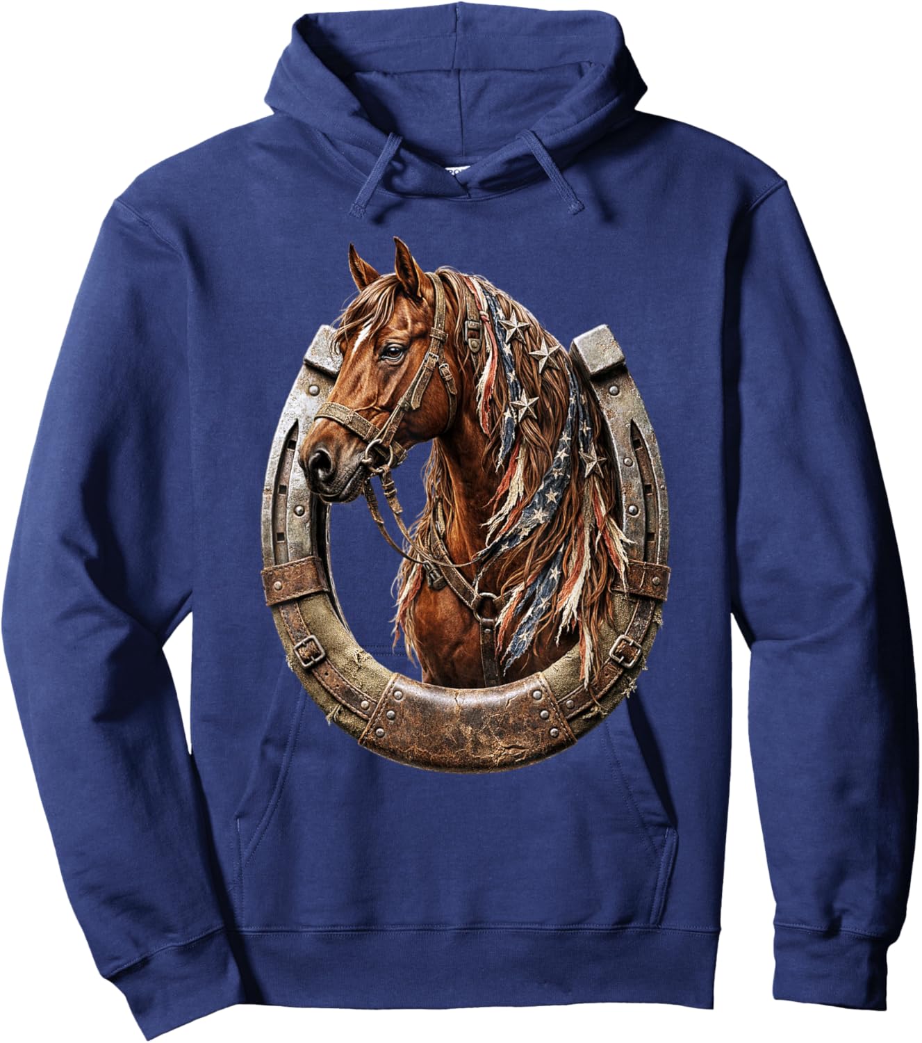 Patriotic Horse American Flag Horseshoe Hoodie - Hoodie | Navy