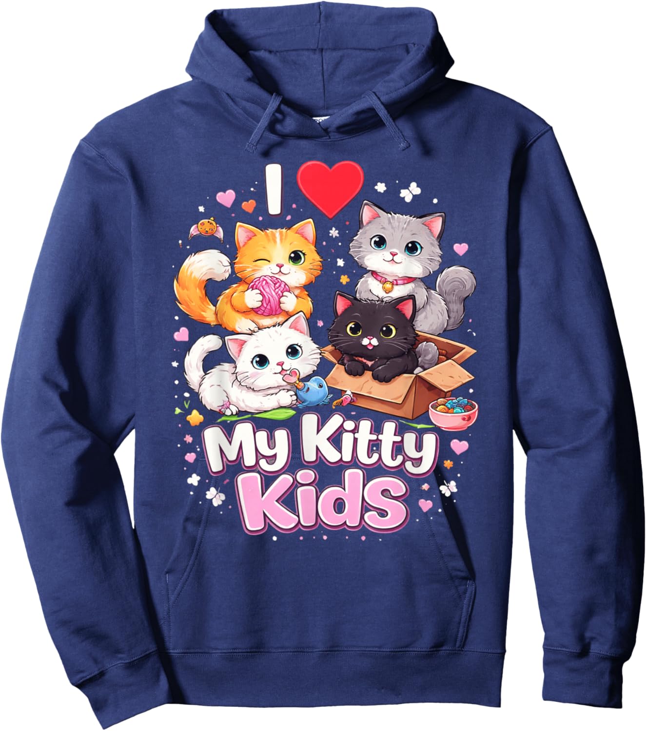 I Love My Kitty Kids Cute Cat Graphic Hoodie - Hoodie | Navy