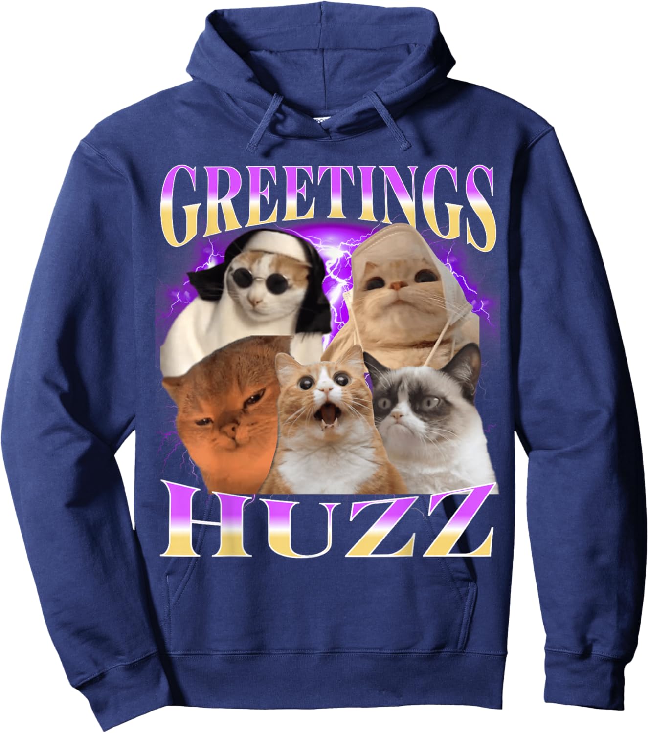 Greetings Huzz Funny Cat Meme Bootleg Hoodie - Hoodie | Navy