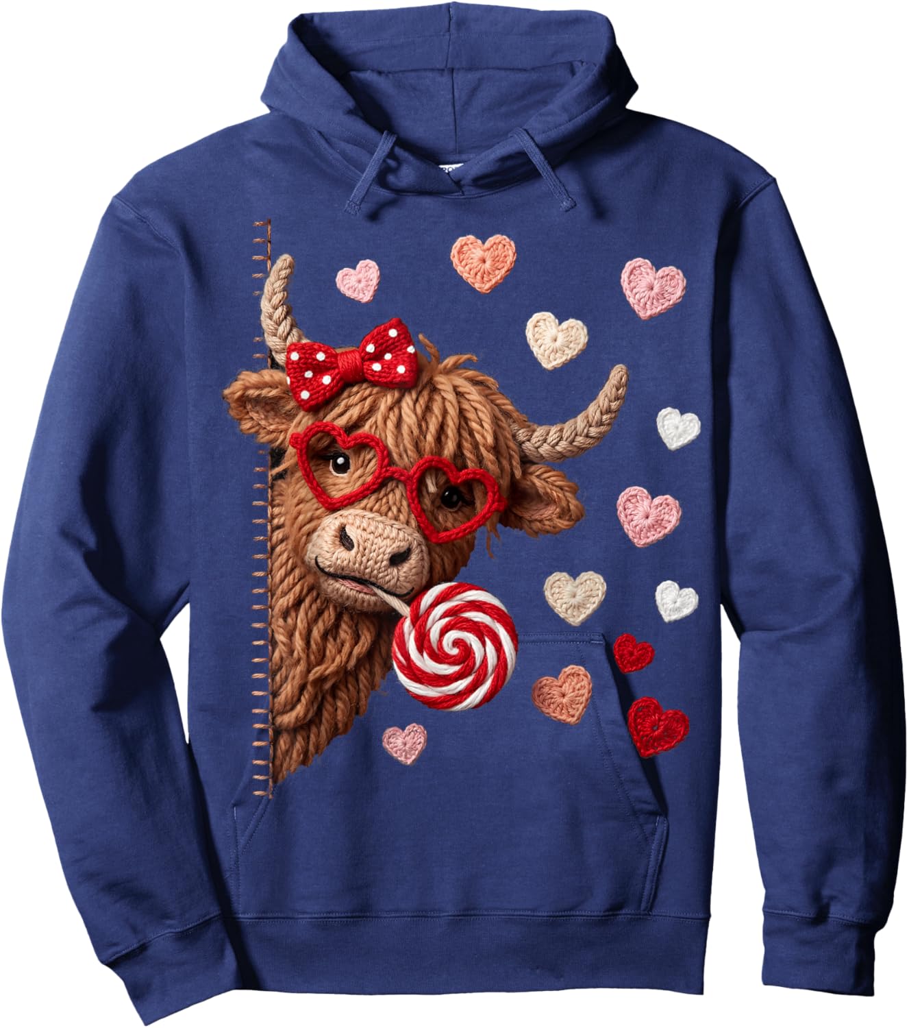 Cute Highland Cow Heifer Hearts Valentine Hoodie - Hoodie | Navy