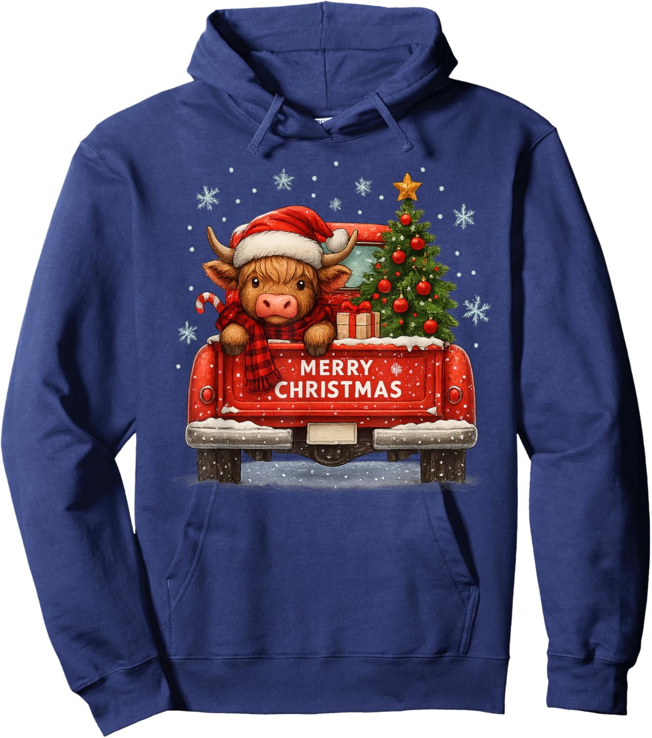 Merry Christmas Highland Cow Red Truck Funny Hoodie - Hoodie | Navy