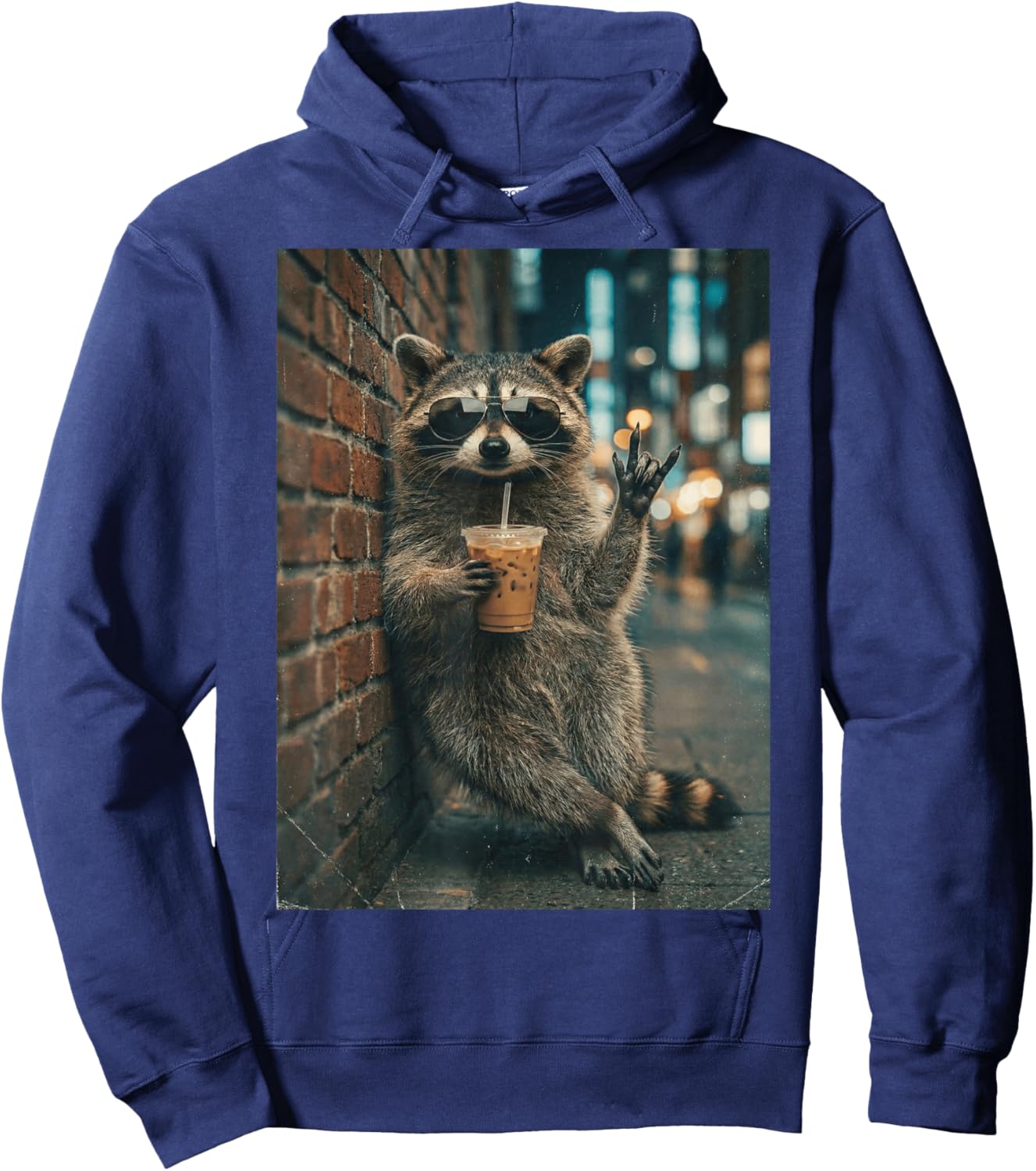 Raccoon Drinking Iced Coffee Rock On Meme Funny Hoodie - Hoodie | Navy
