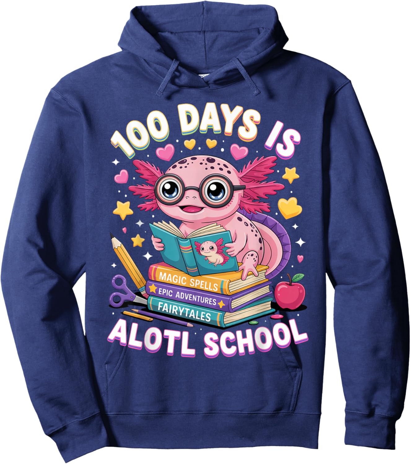 100 Days is Alotl School Cute Axolotl Reading Hoodie - Hoodie | Navy