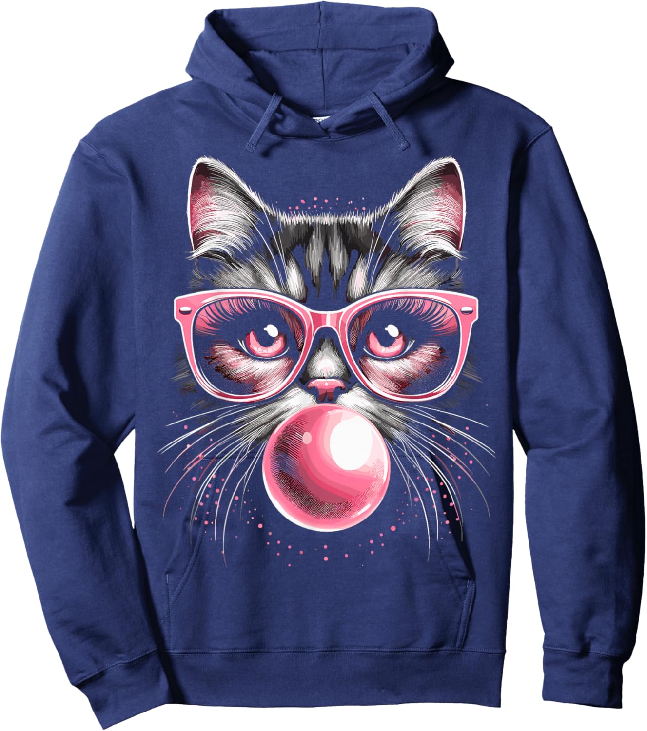 Cute Cat with Glasses and Bubblegum Hoodie - Hoodie | Navy