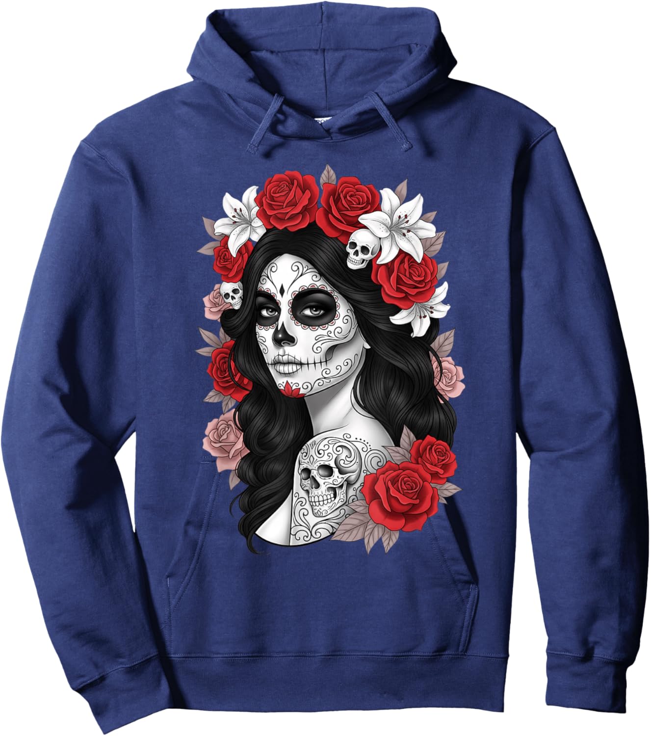 Sugar Skull Woman Floral Crown Latino Calaca Hoodie - Hoodie | Navy