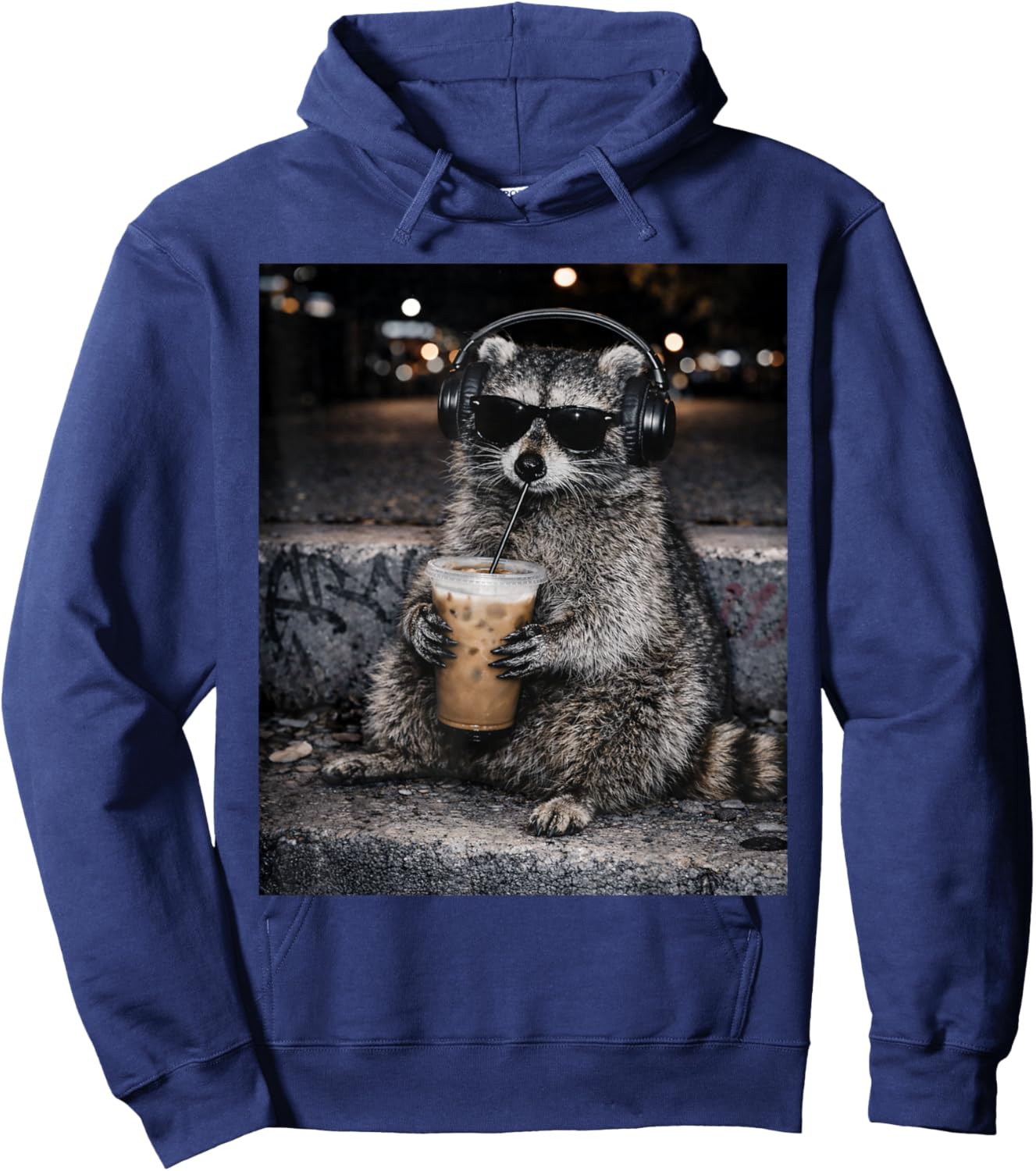 Raccoon Drinking Iced Coffee Funny Animal Meme Hoodie - Hoodie | Navy