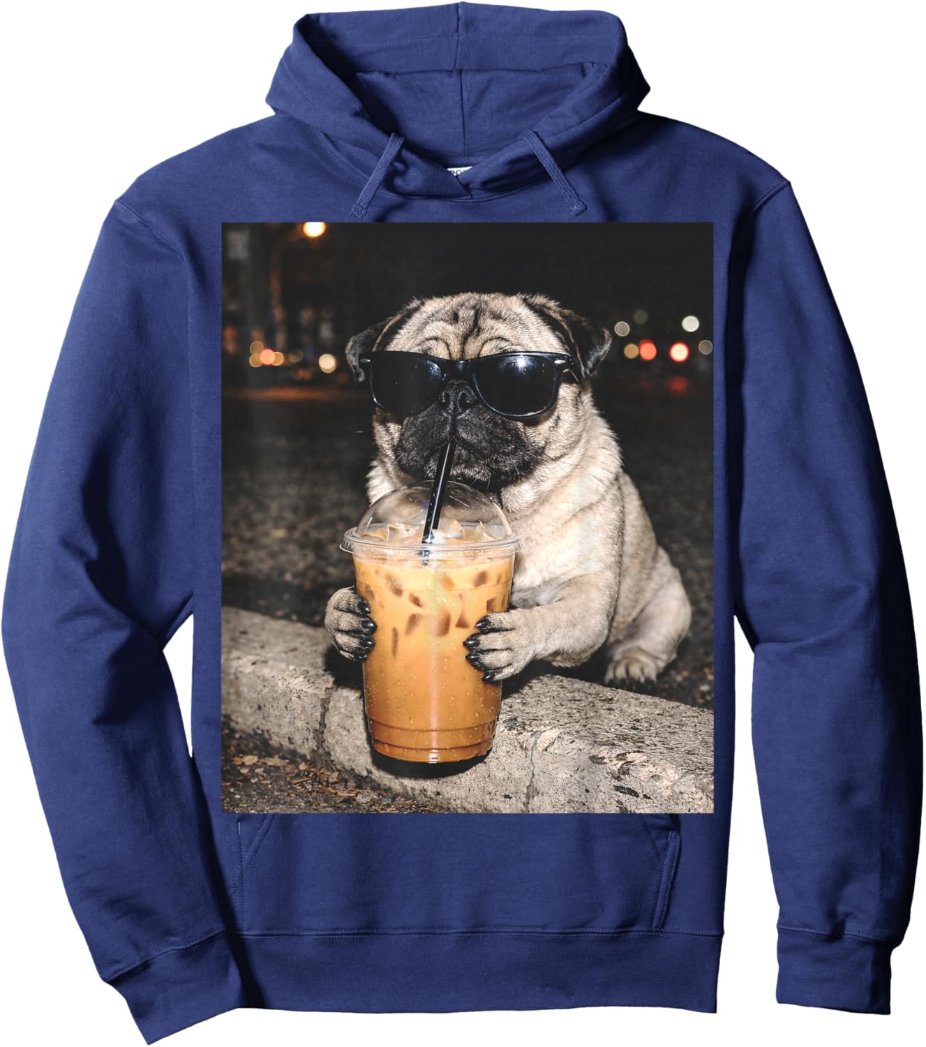 Pug Drinking Iced Coffee Funny Dog Meme Hoodie - Hoodie | Navy