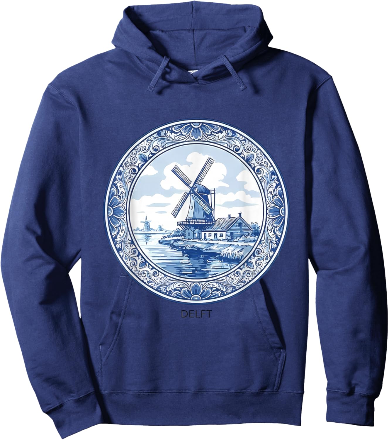 Delft Blue Dutch Windmill Countryside Landscape Hoodie - Hoodie | Navy