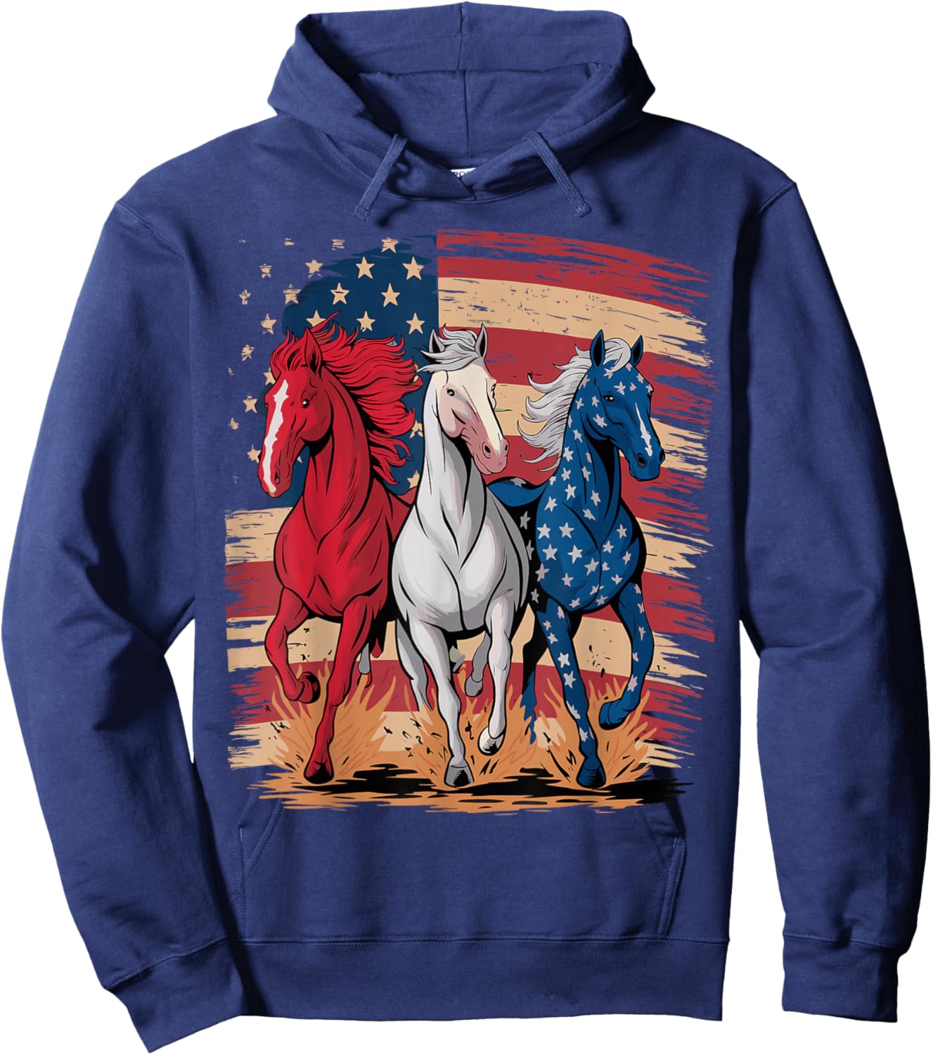 Horse Patriotic USA Flag 4th of July Horses Hoodie - Hoodie | Navy